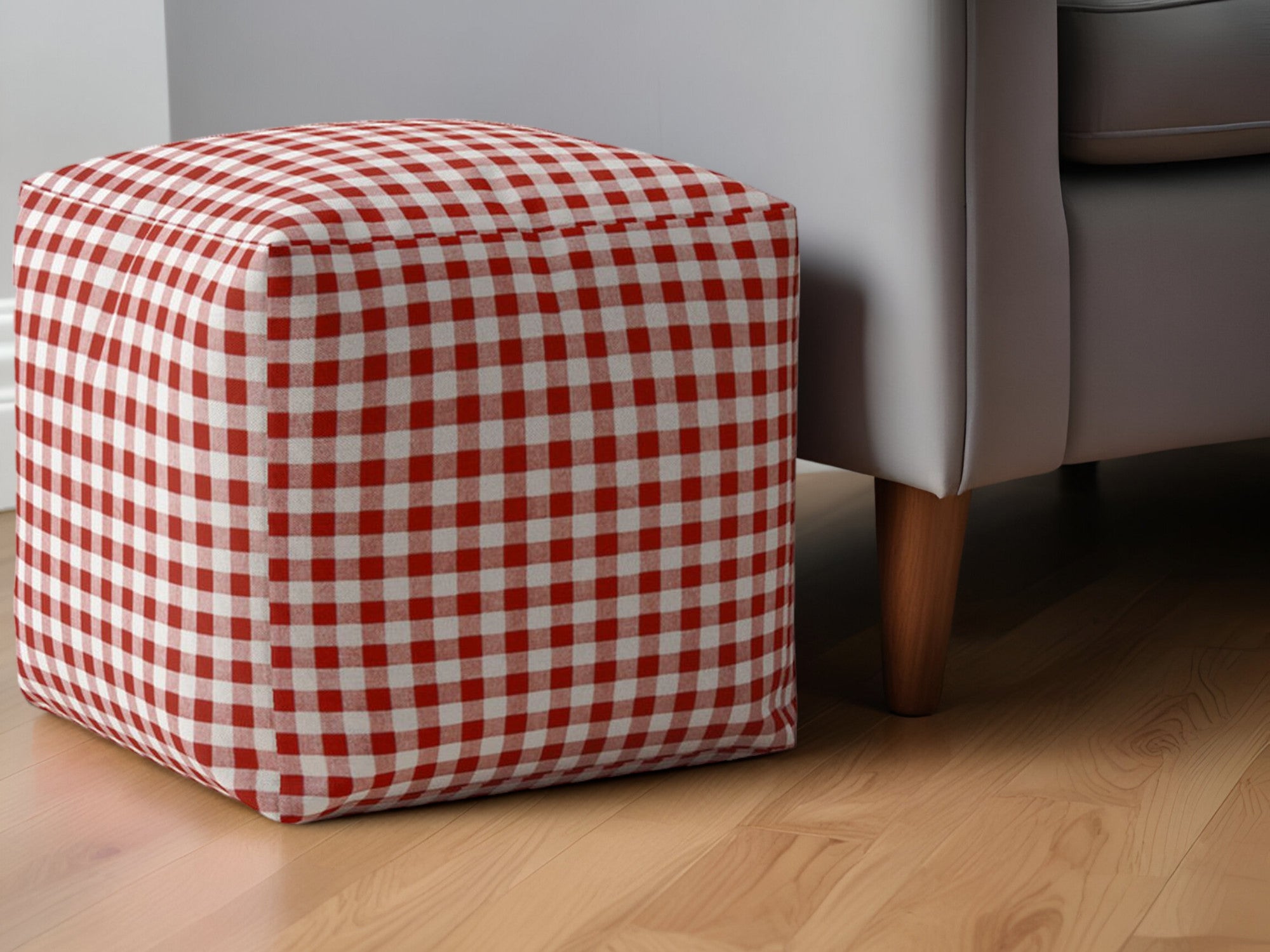 17" Red and White Cotton Gingham Pouf Ottoman