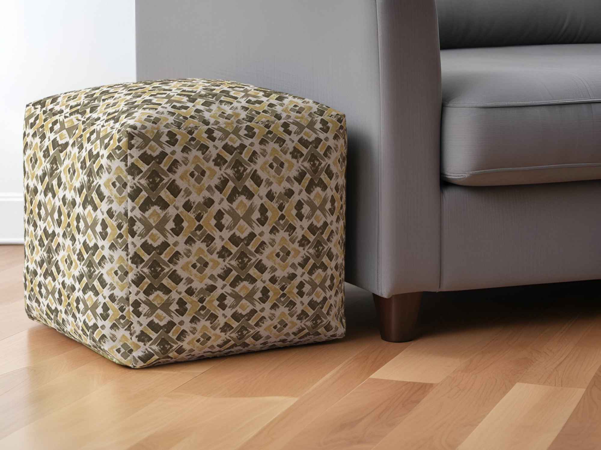 17" Beige Cotton Geometric Pouf Ottoman