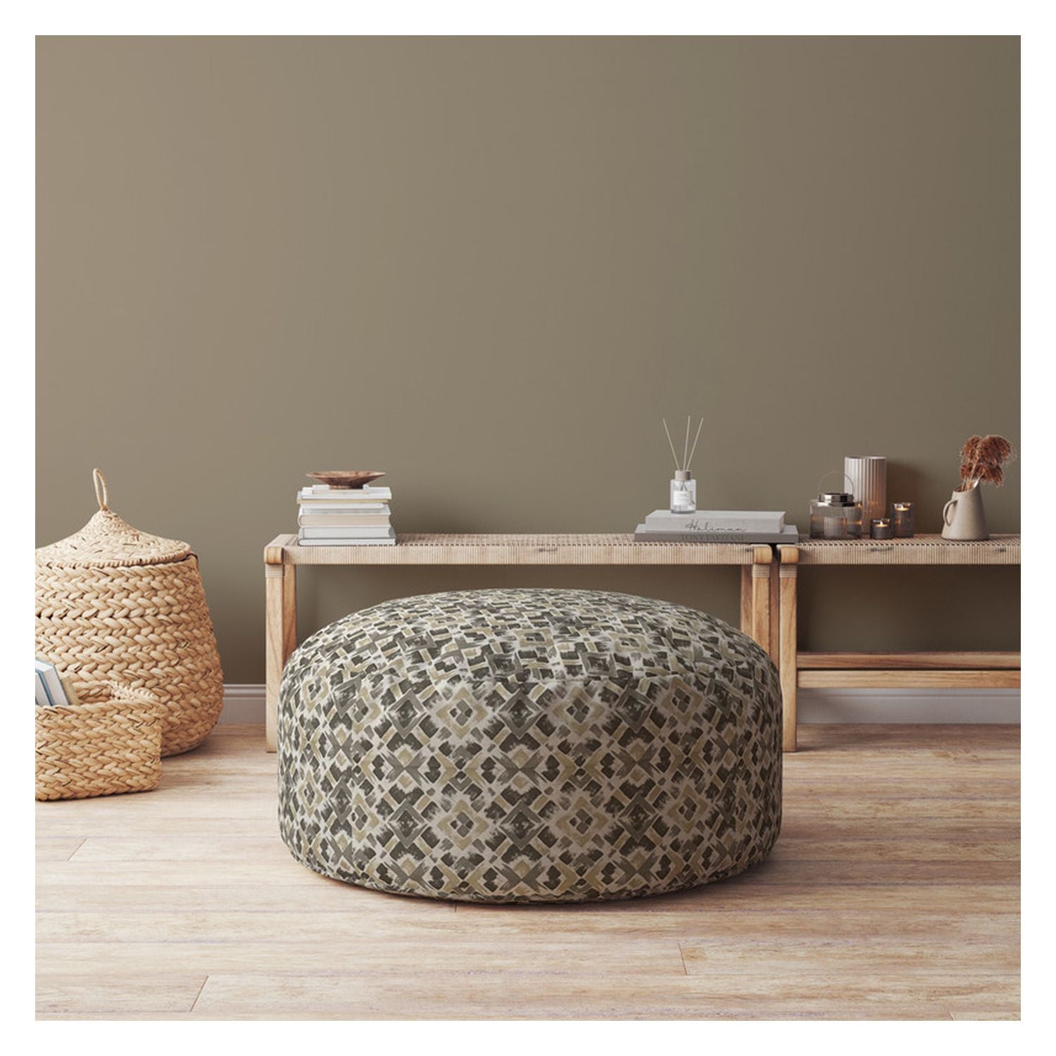 24" Beige Cotton Round Geometric Pouf Ottoman