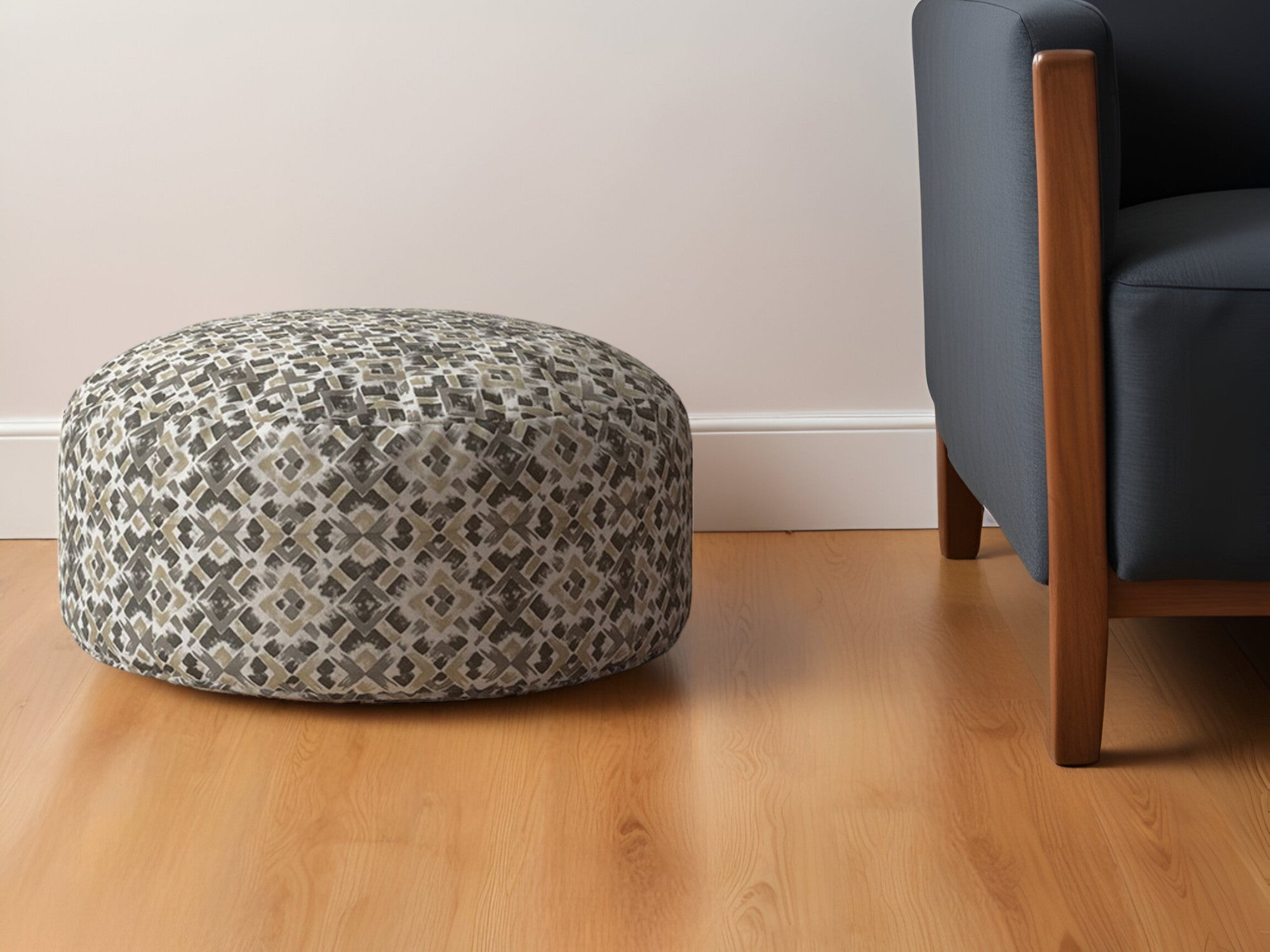 24" Beige Cotton Round Geometric Pouf Ottoman