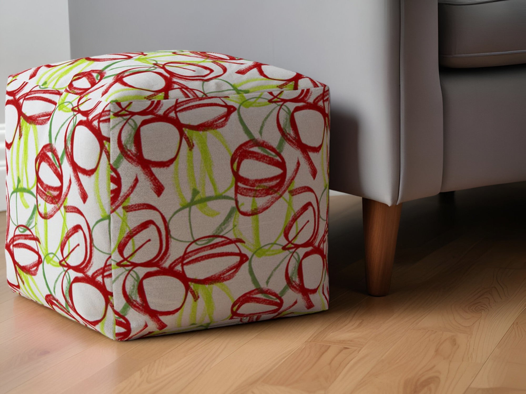 17" Red and White Cotton Abstract Pouf Ottoman