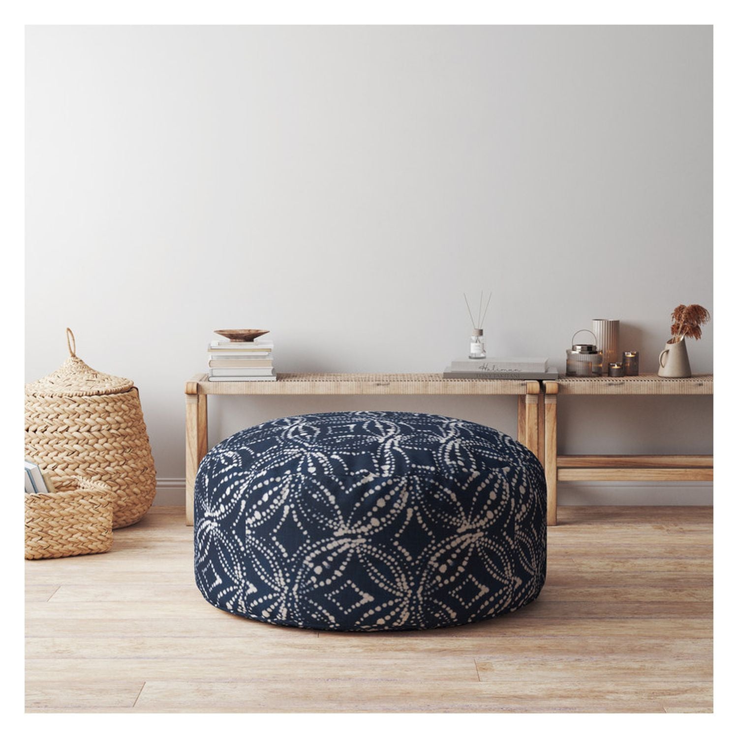 24" Blue And White Canvas Round Damask Pouf Ottoman