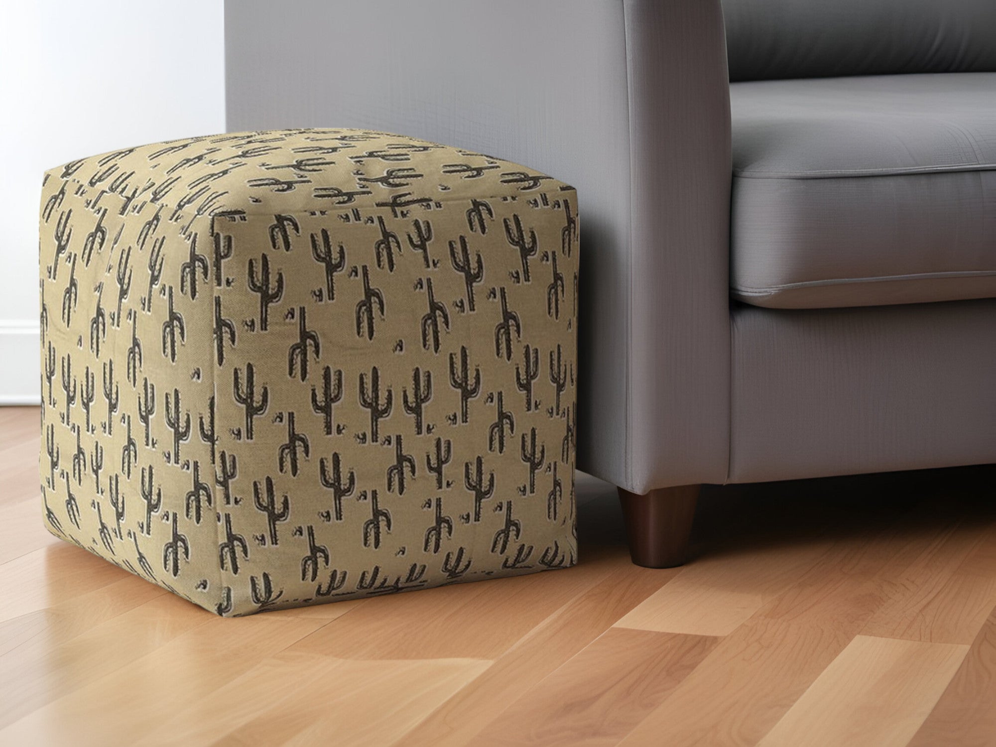 17" Beige Cotton Floral Pouf Ottoman