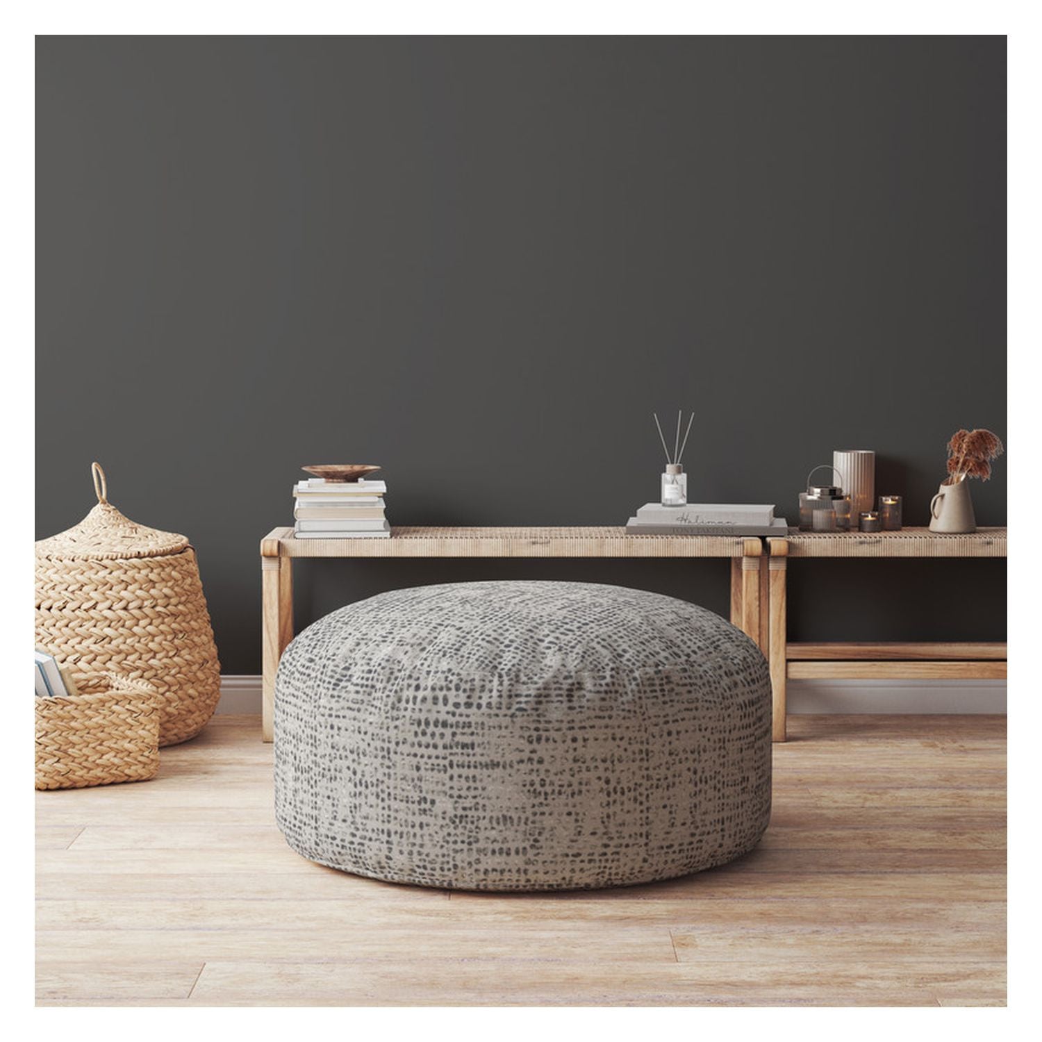 24" Beige Canvas Round Abstract Pouf Ottoman