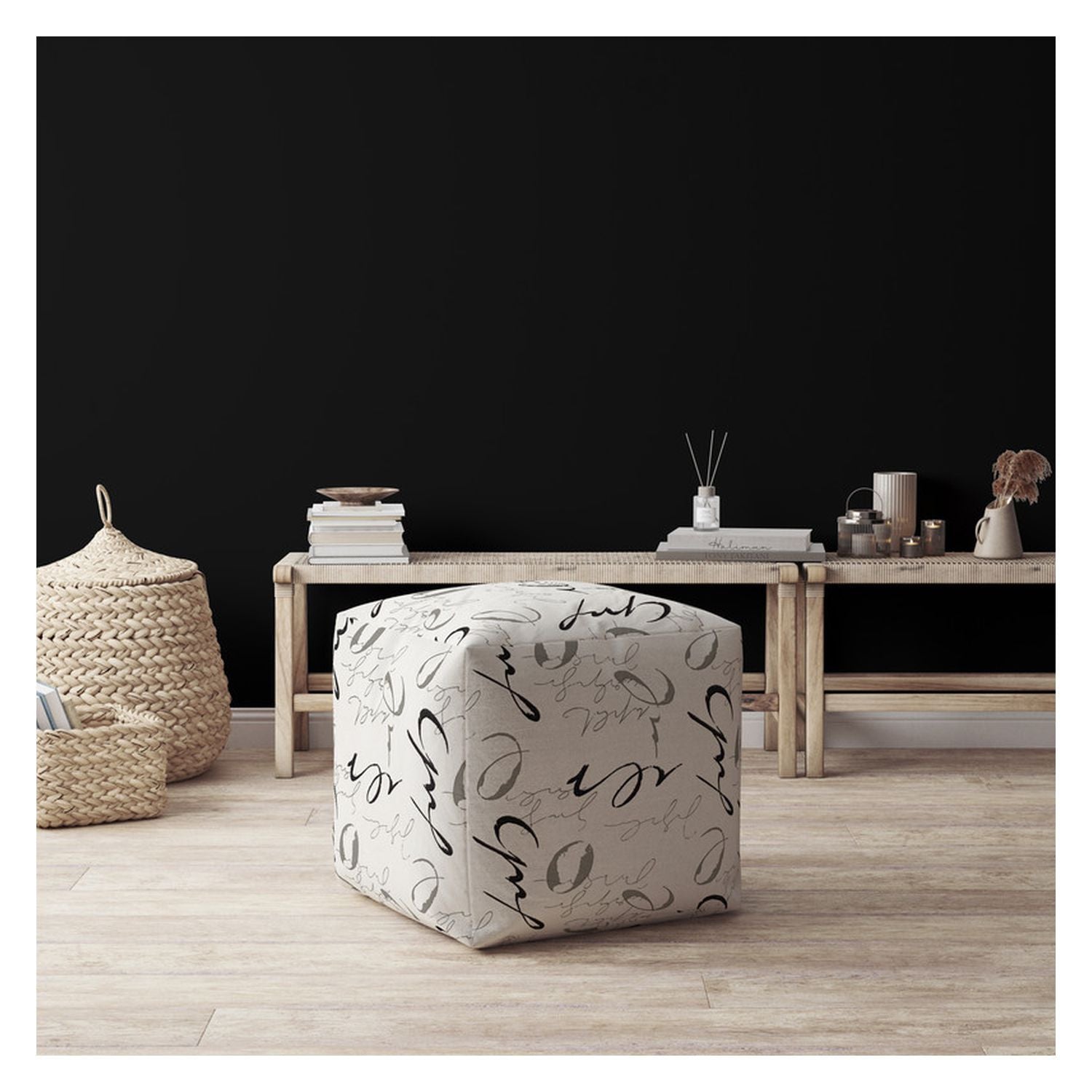 17" White and Gray Polyester Abstract Pouf Ottoman