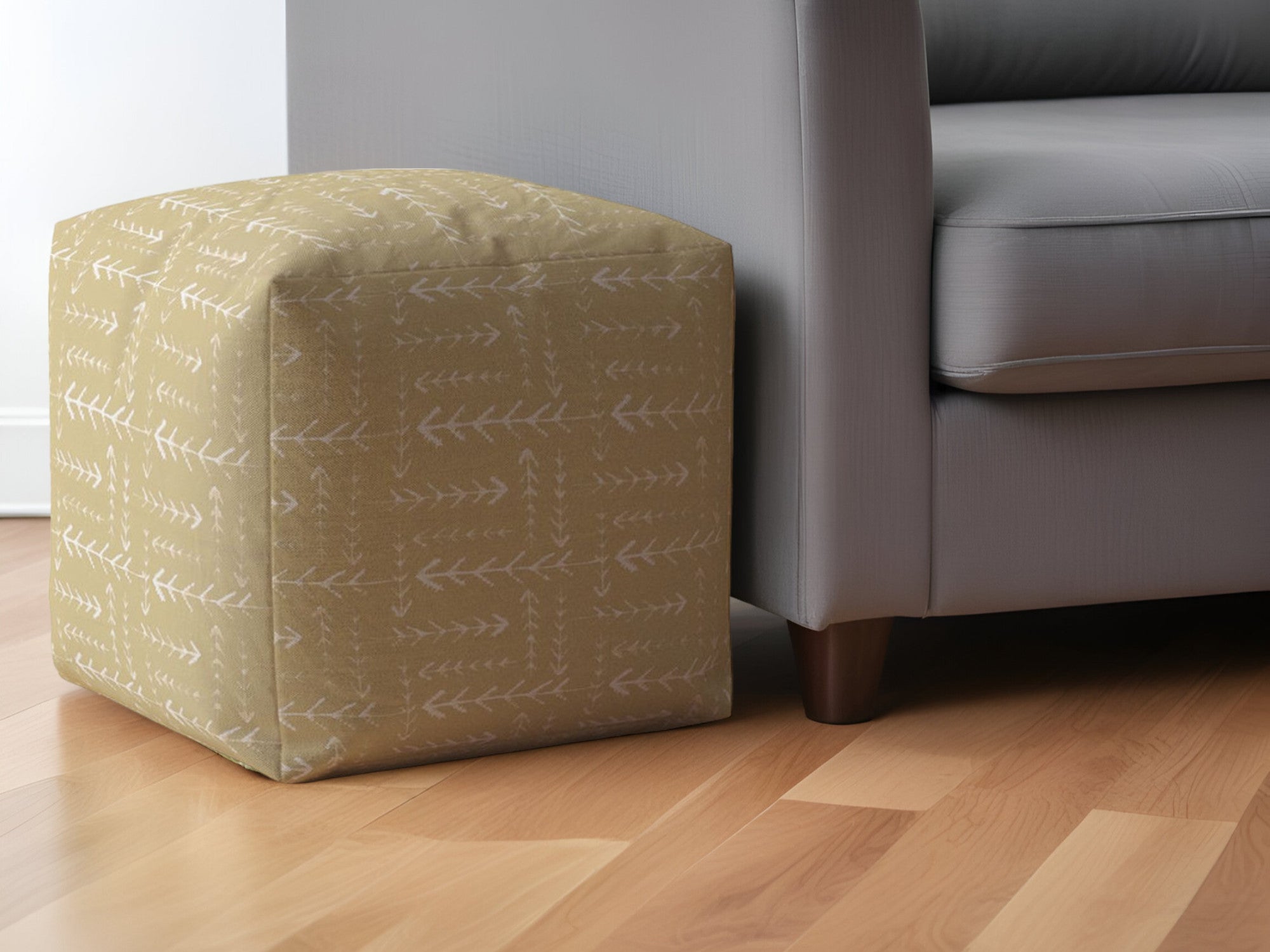 17" Beige Cotton Abstract Pouf Ottoman