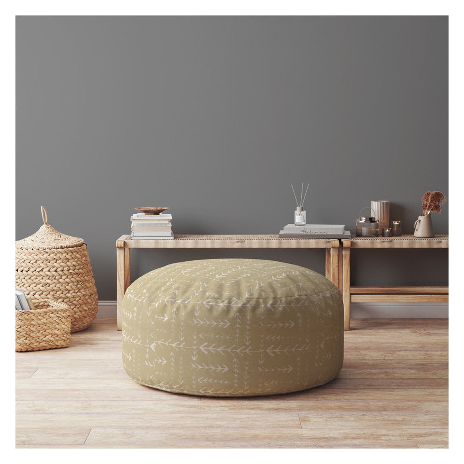 24" Beige Cotton Round Abstract Pouf Ottoman