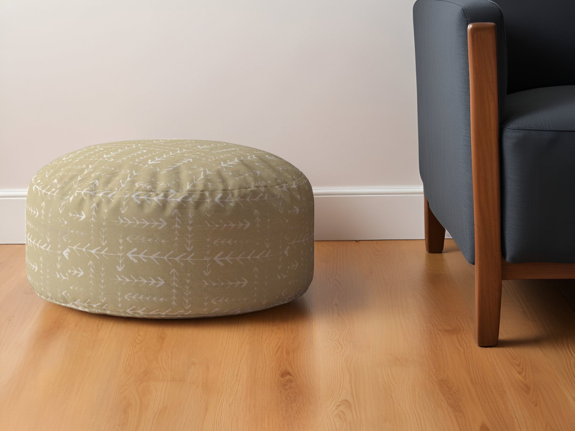 24" Beige Cotton Round Abstract Pouf Ottoman