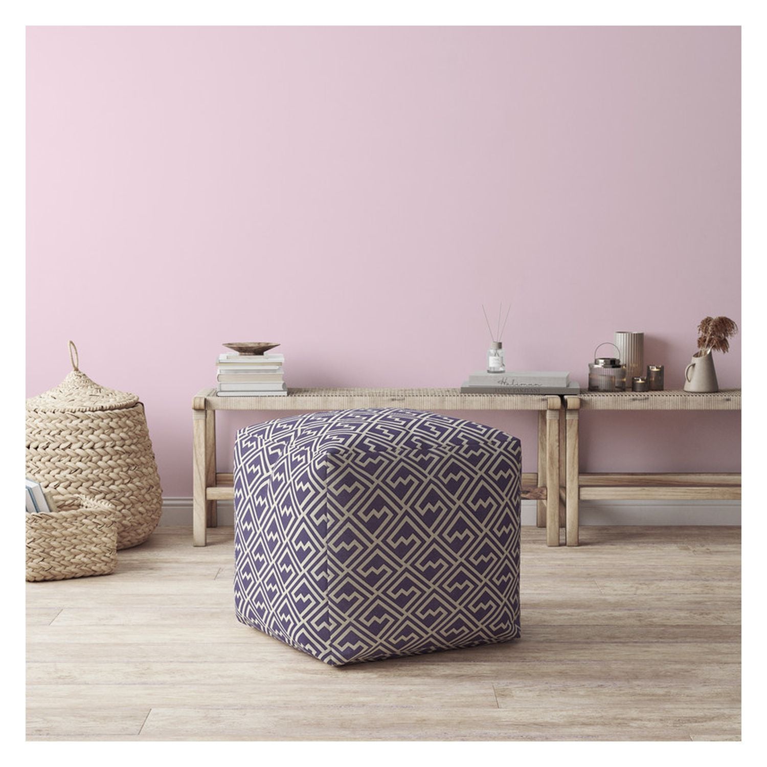 17" Purple and White Cotton Damask Pouf Ottoman