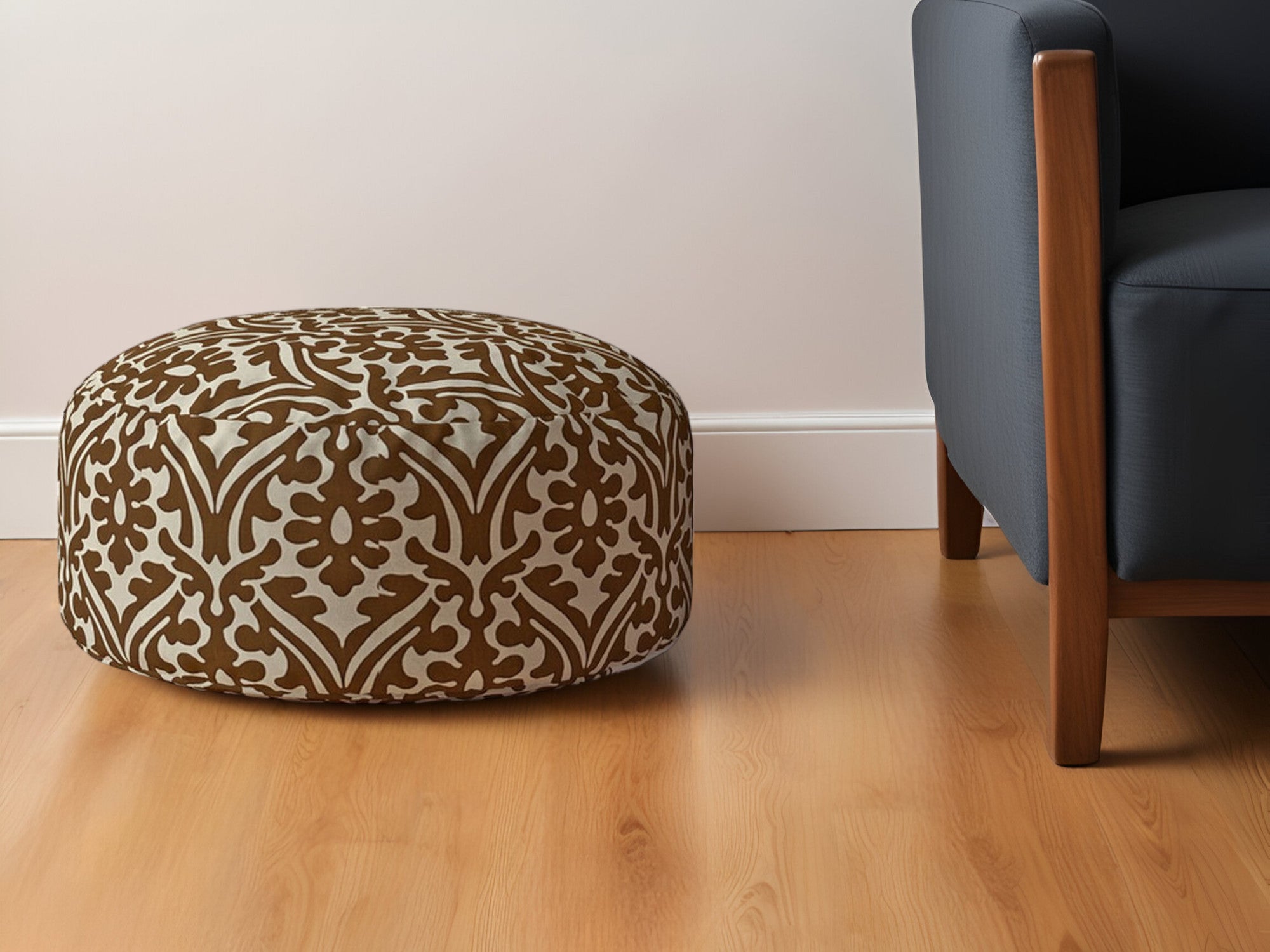 24" Brown Cotton Round Damask Pouf Ottoman