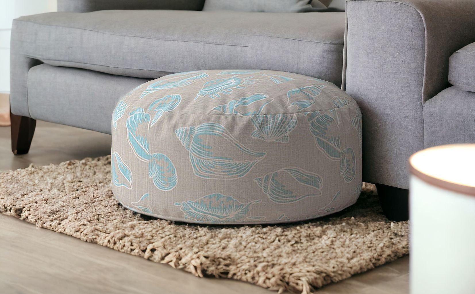 24" Blue Canvas Round Seashell Pouf Cover