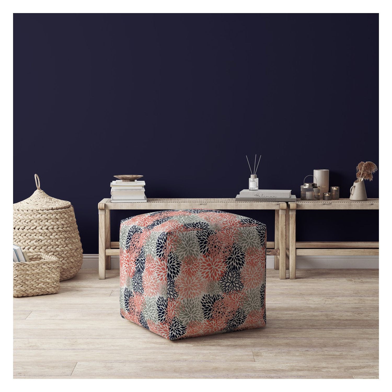 17" Coral Polyester Floral Pouf Cover