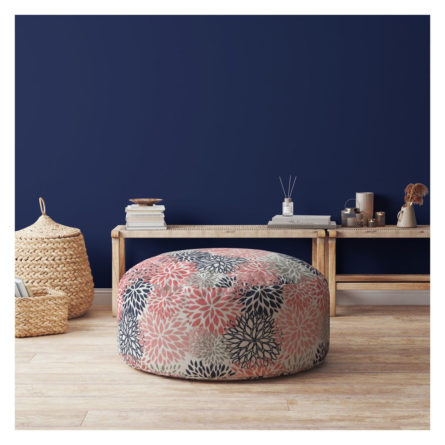 24" Coral Polyester Round Floral Pouf Cover