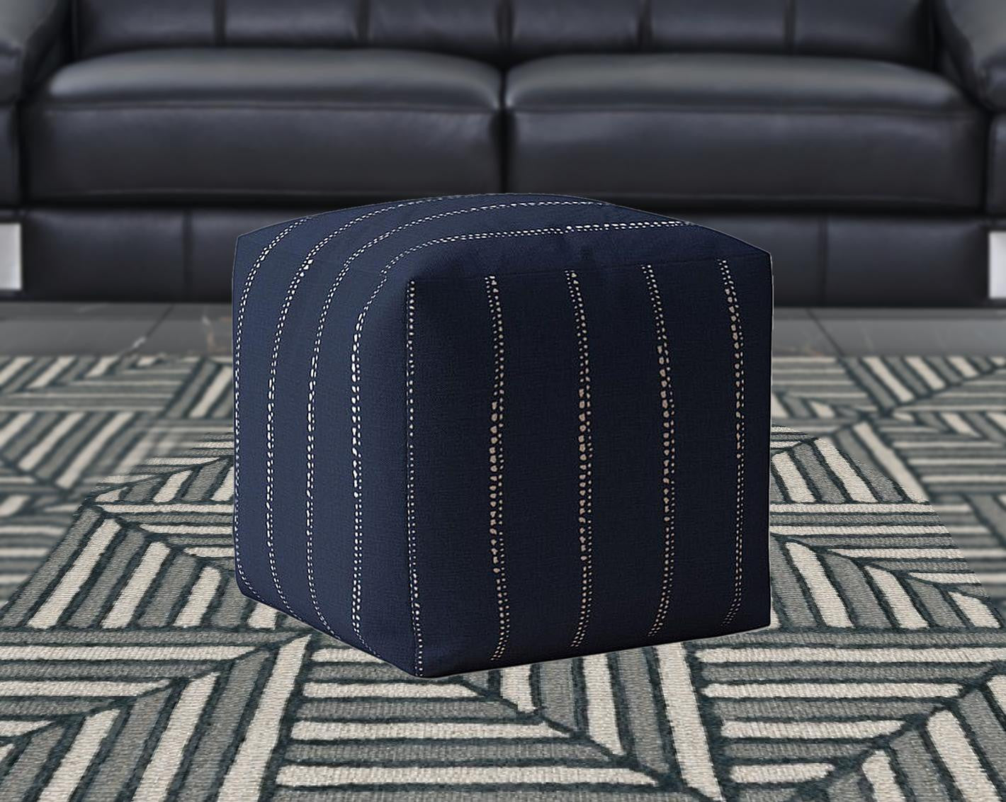 17" Blue Cotton Striped Pouf Cover