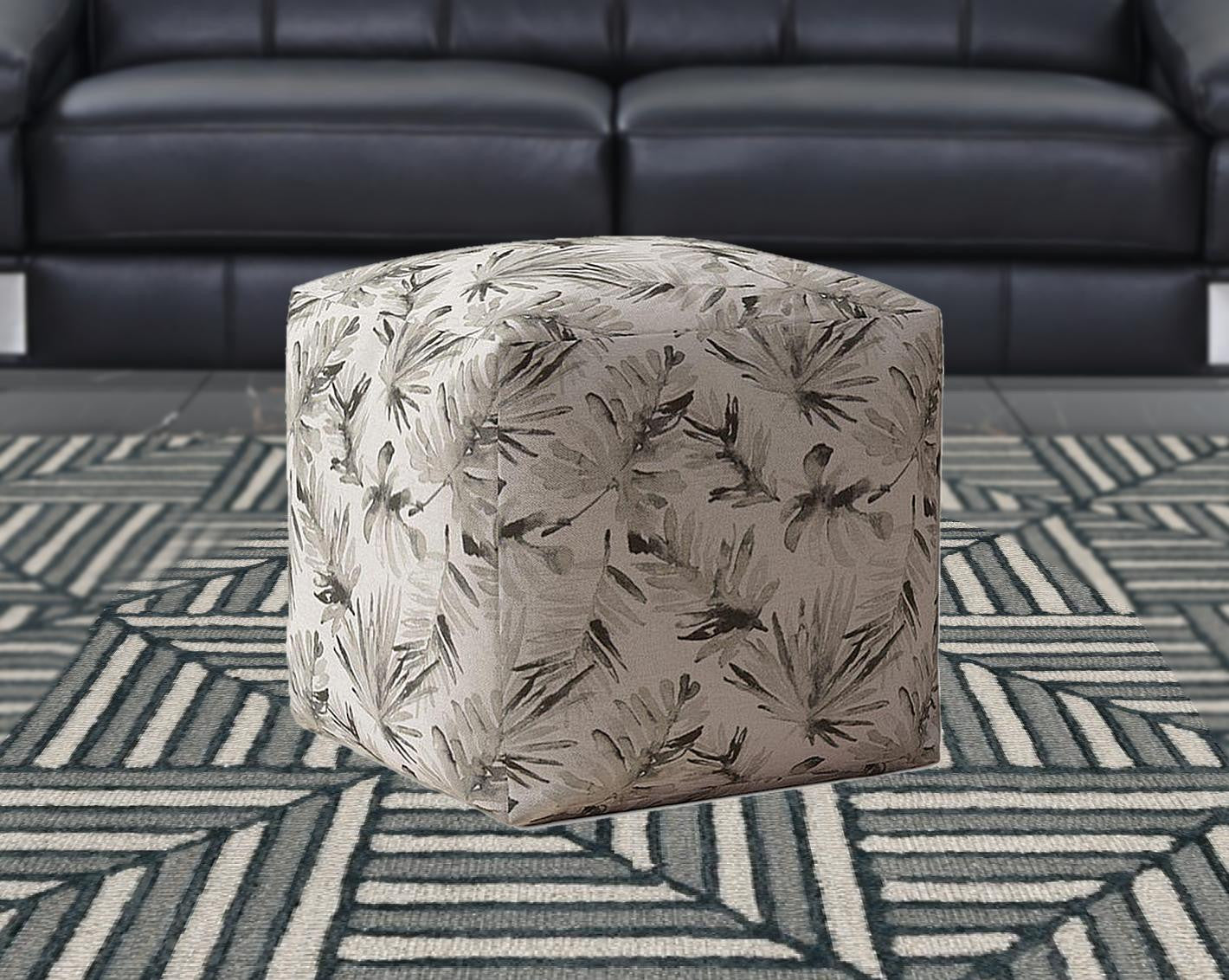 17" Beige Cotton Floral Pouf Cover