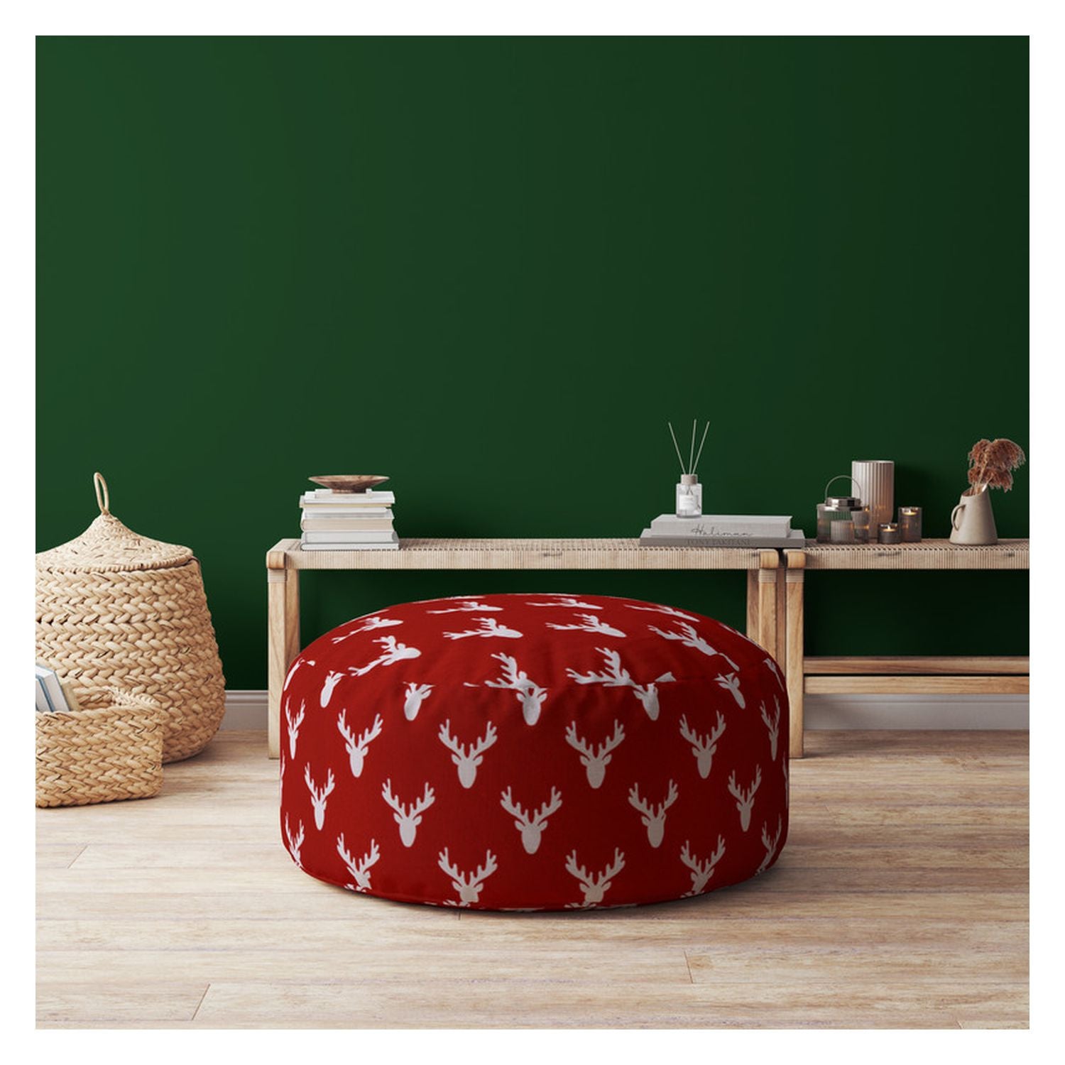 24" Red And White Cotton Round Stag Pouf Cover