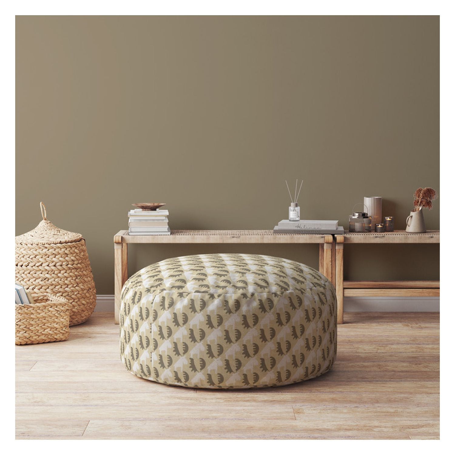 24" Beige Cotton Round Animal Print Pouf Cover