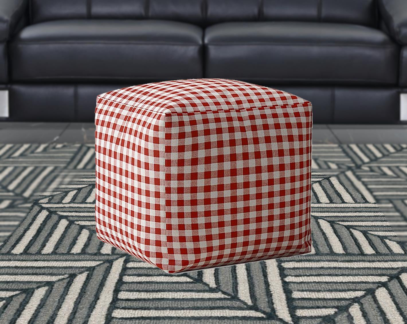 17" Red And White Cotton Gingham Pouf Cover