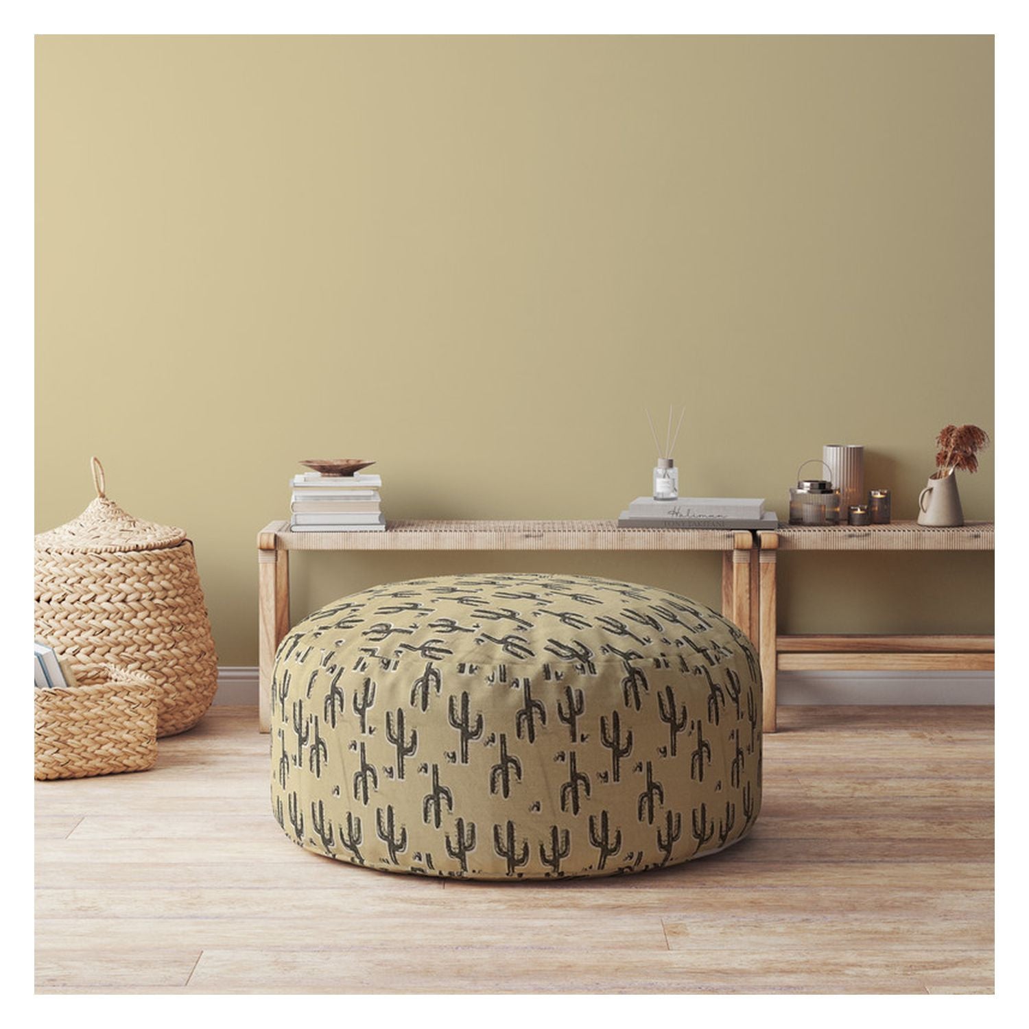 24" Beige Cotton Round Cactus Pouf Cover