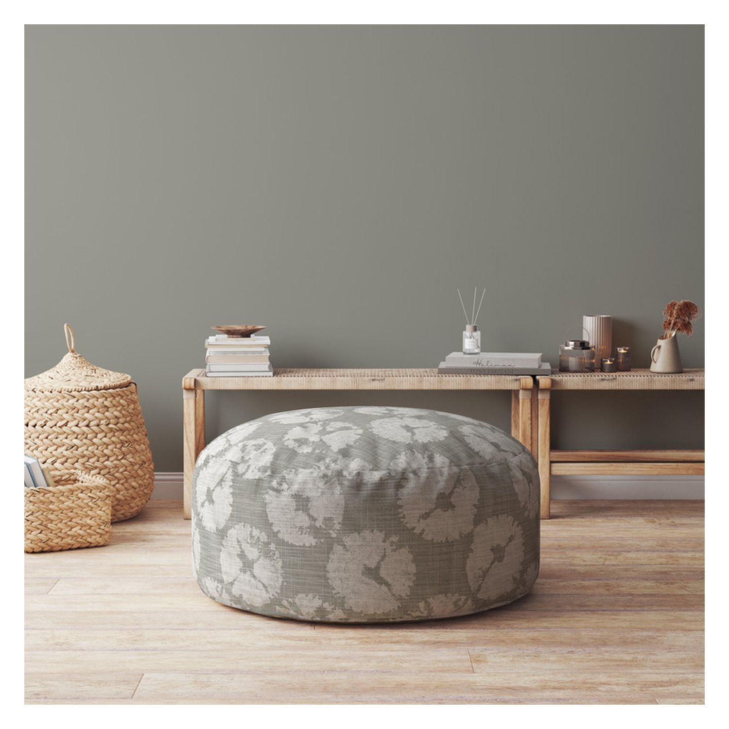 24" Gray Canvas Round Abstract Pouf Cover