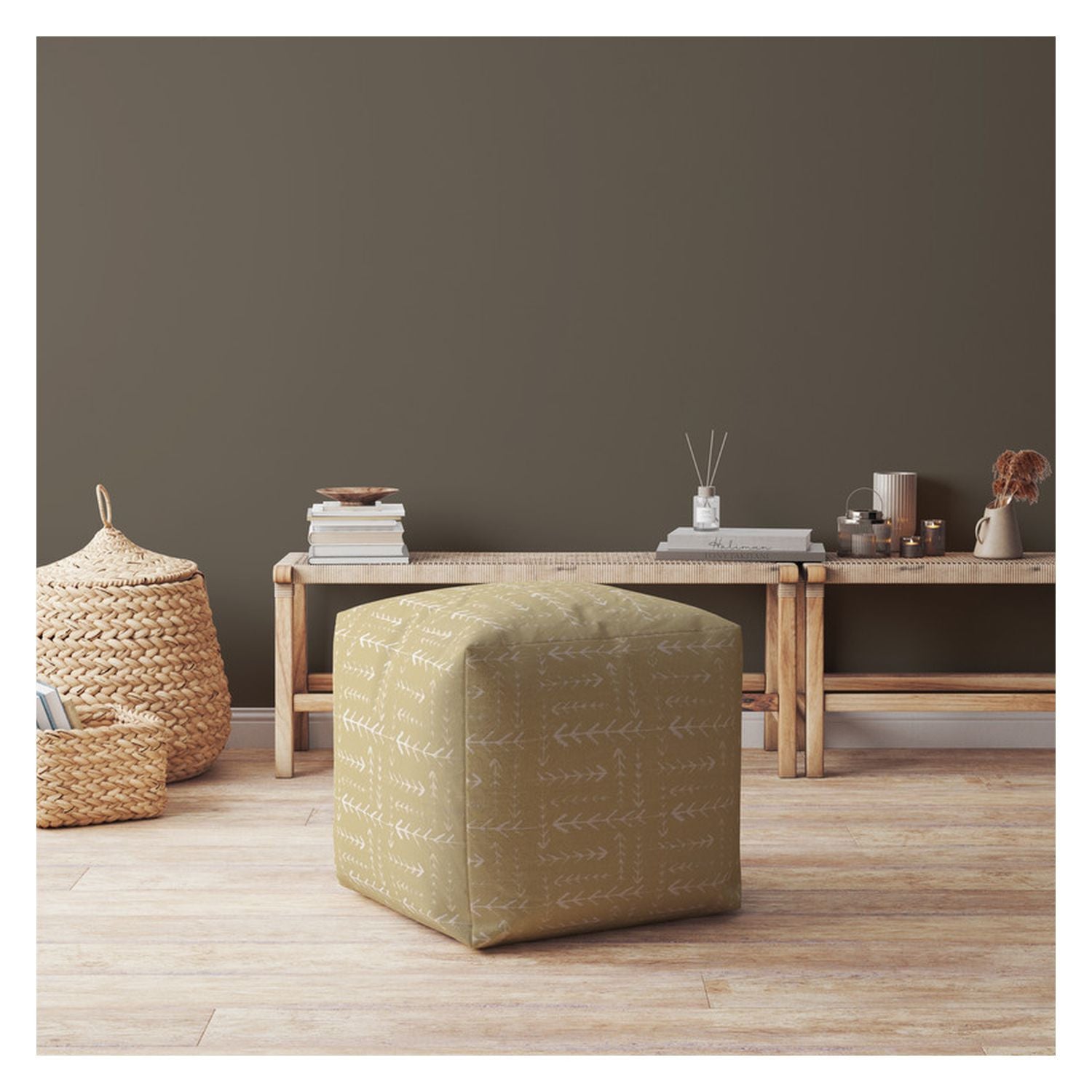 17" Beige Cotton Abstract Pouf Cover