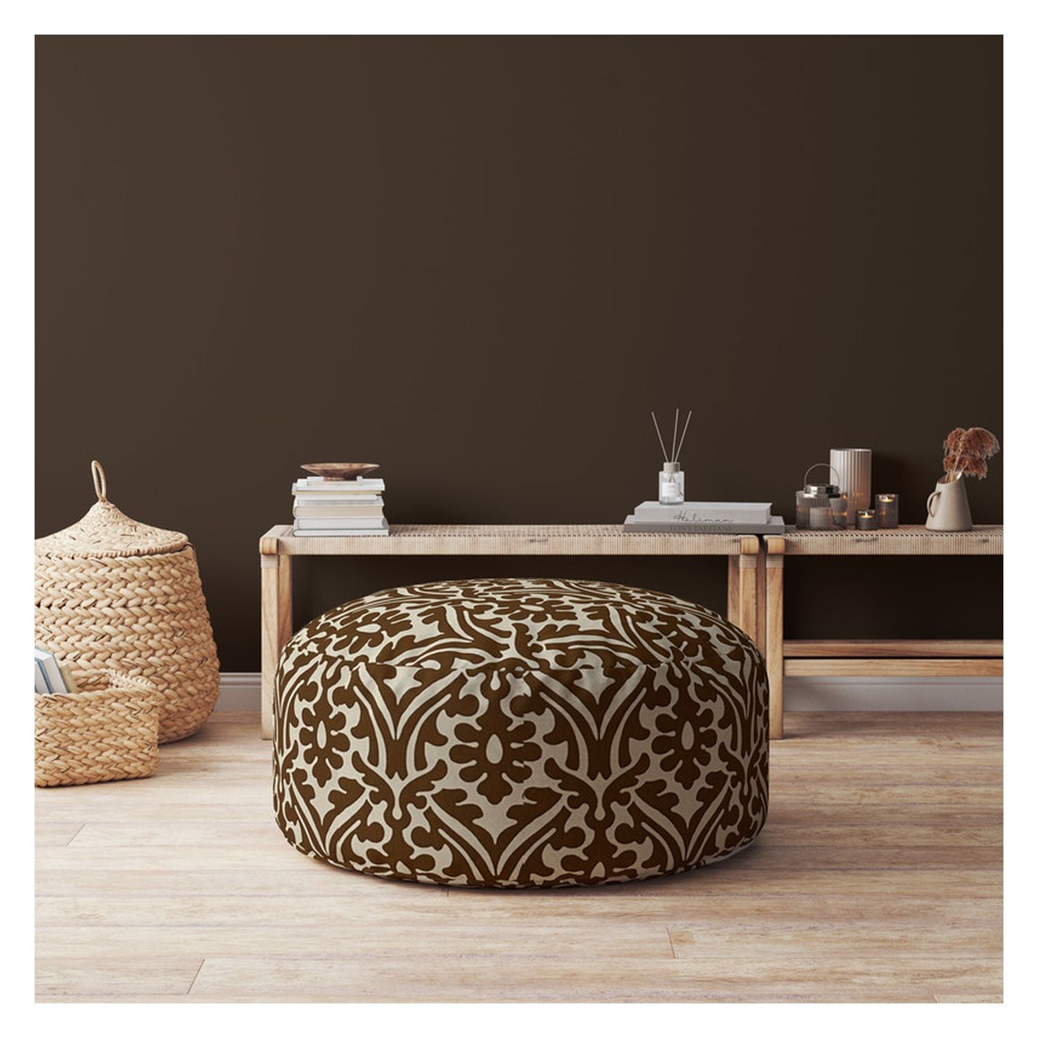 24" Brown Cotton Round Damask Pouf Cover