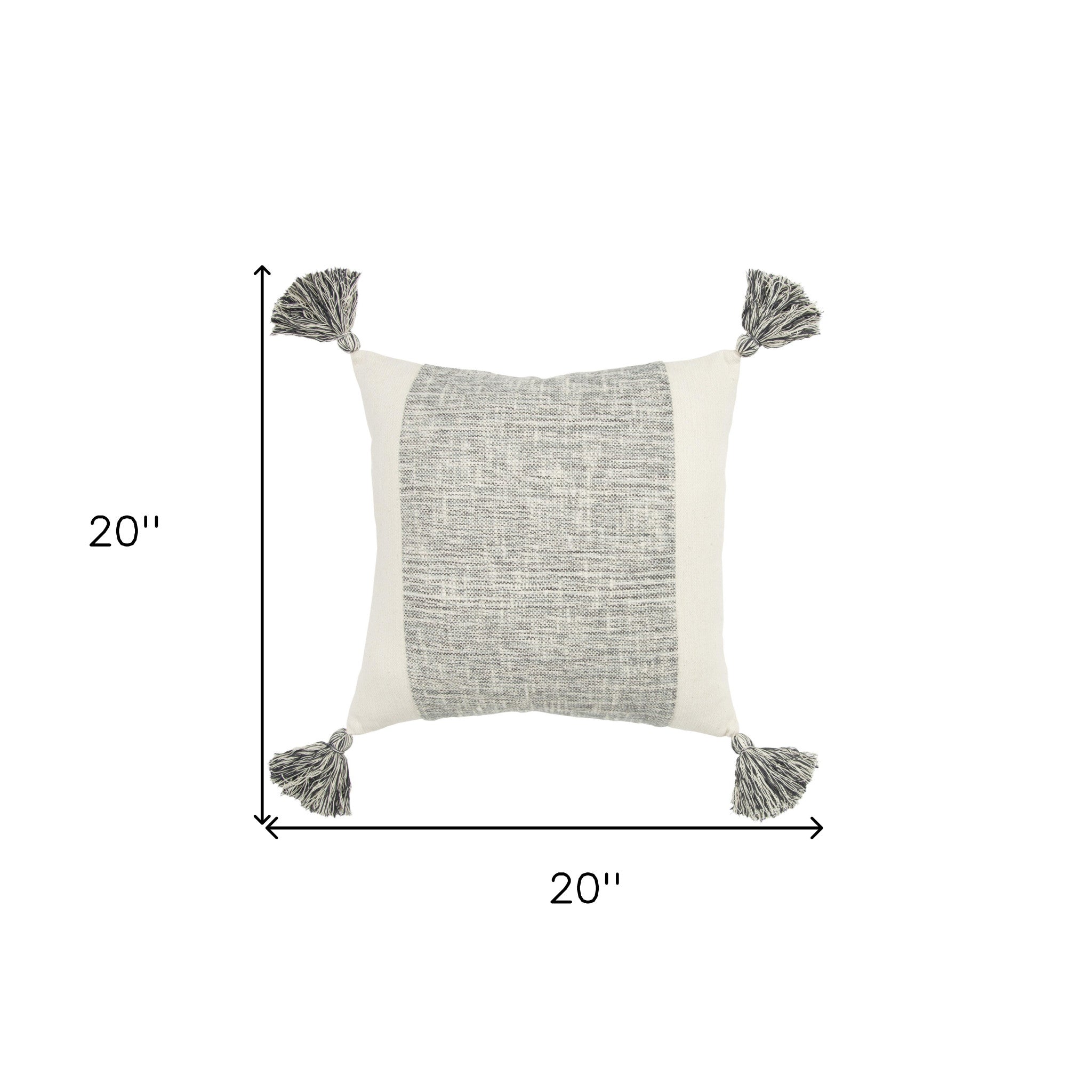 20" Gray and Ivory Cotton Pillow With Tassels Edges