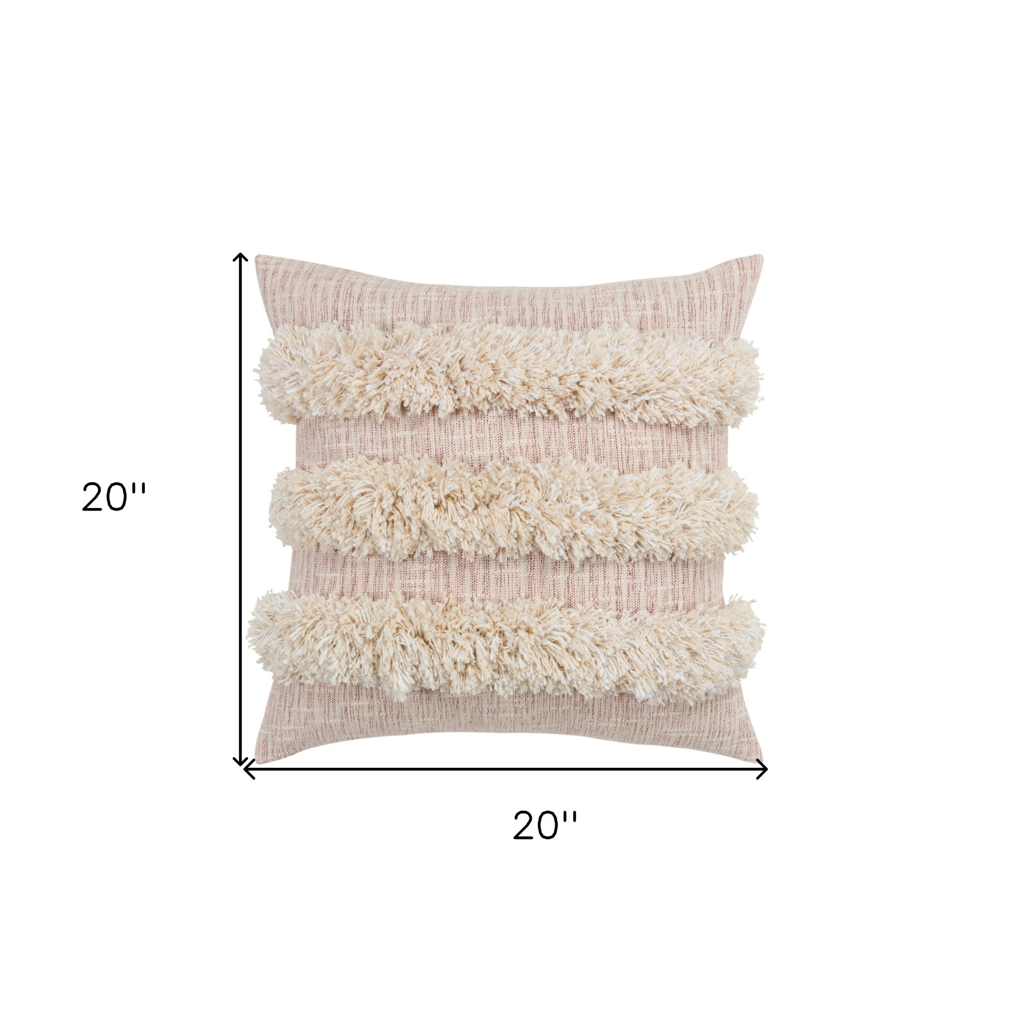 20" Beige and Pink Cotton Pillow With Fringe Edges