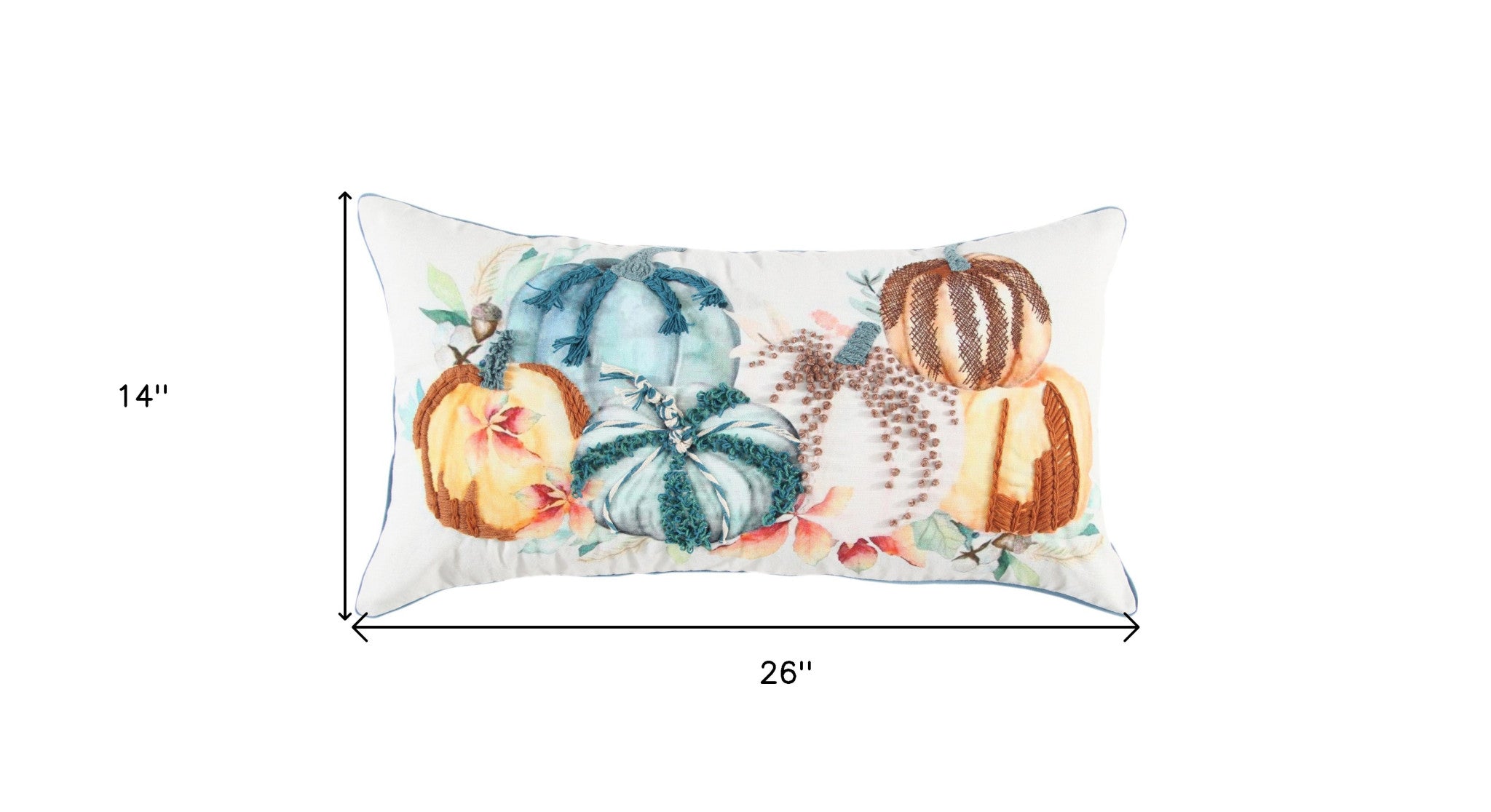 14" X 14" Blue and White Thanksgiving Cotton Pillow With Embroidery Edges