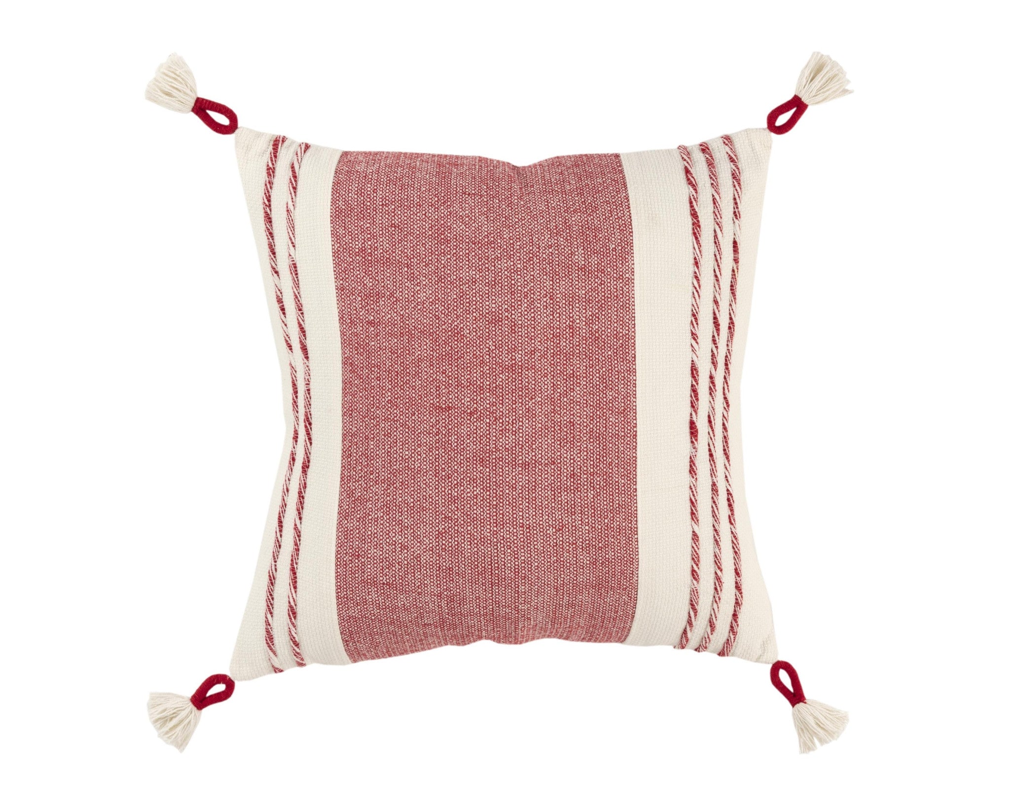 20" Red and White Color Block Cotton Throw Pillow With Tassels