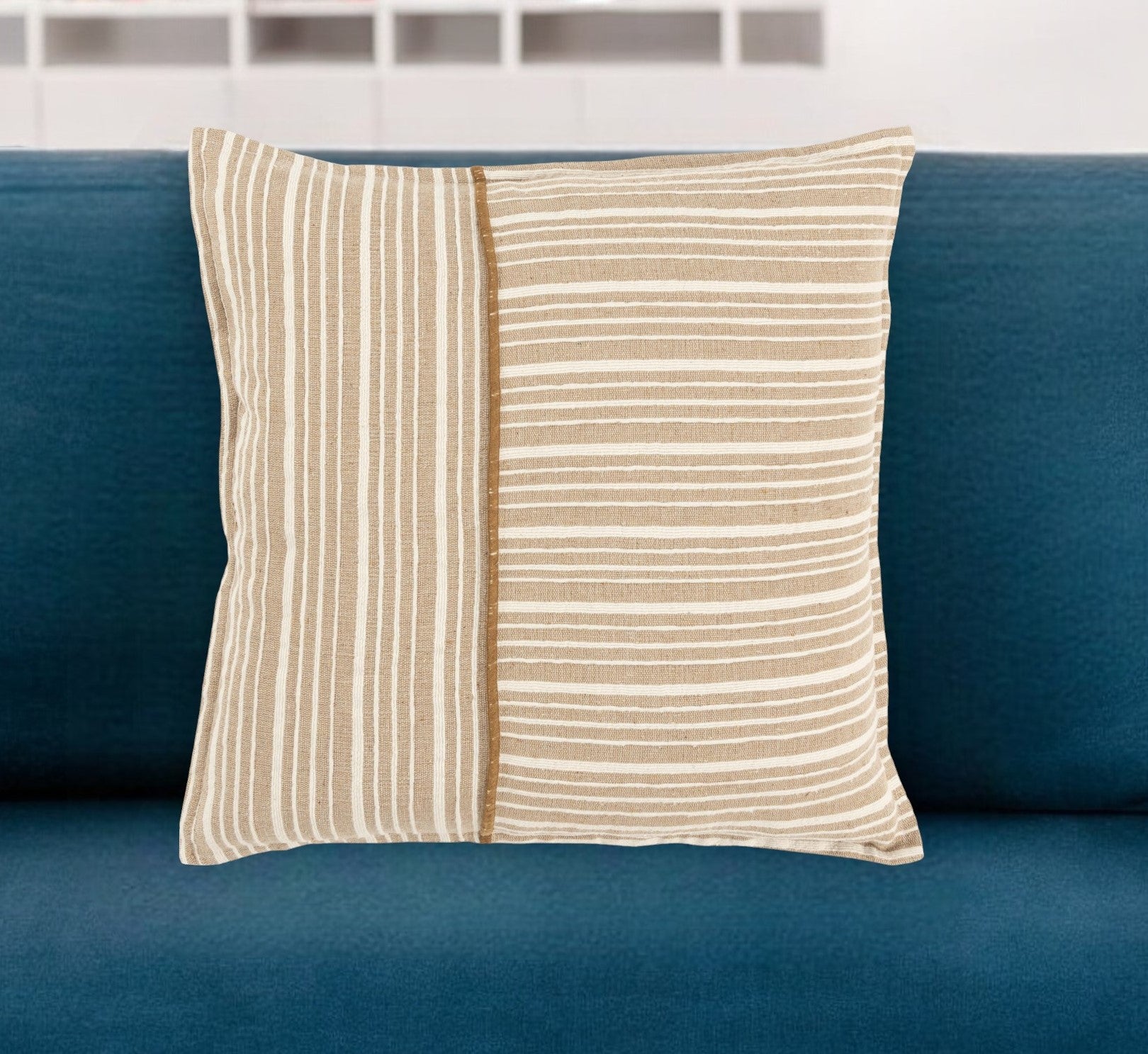 20" Natural and Ivory Striped Cotton Throw Pillow