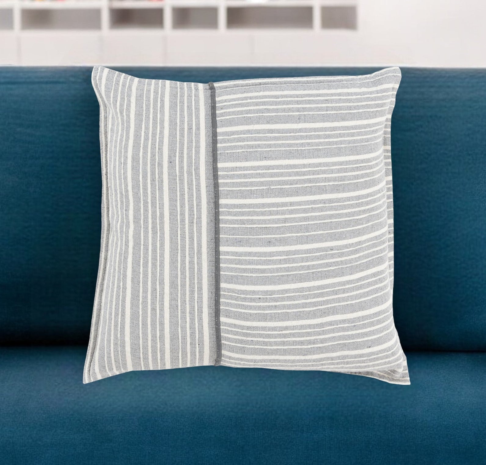 20" Gray and Ivory Striped Cotton Throw Pillow