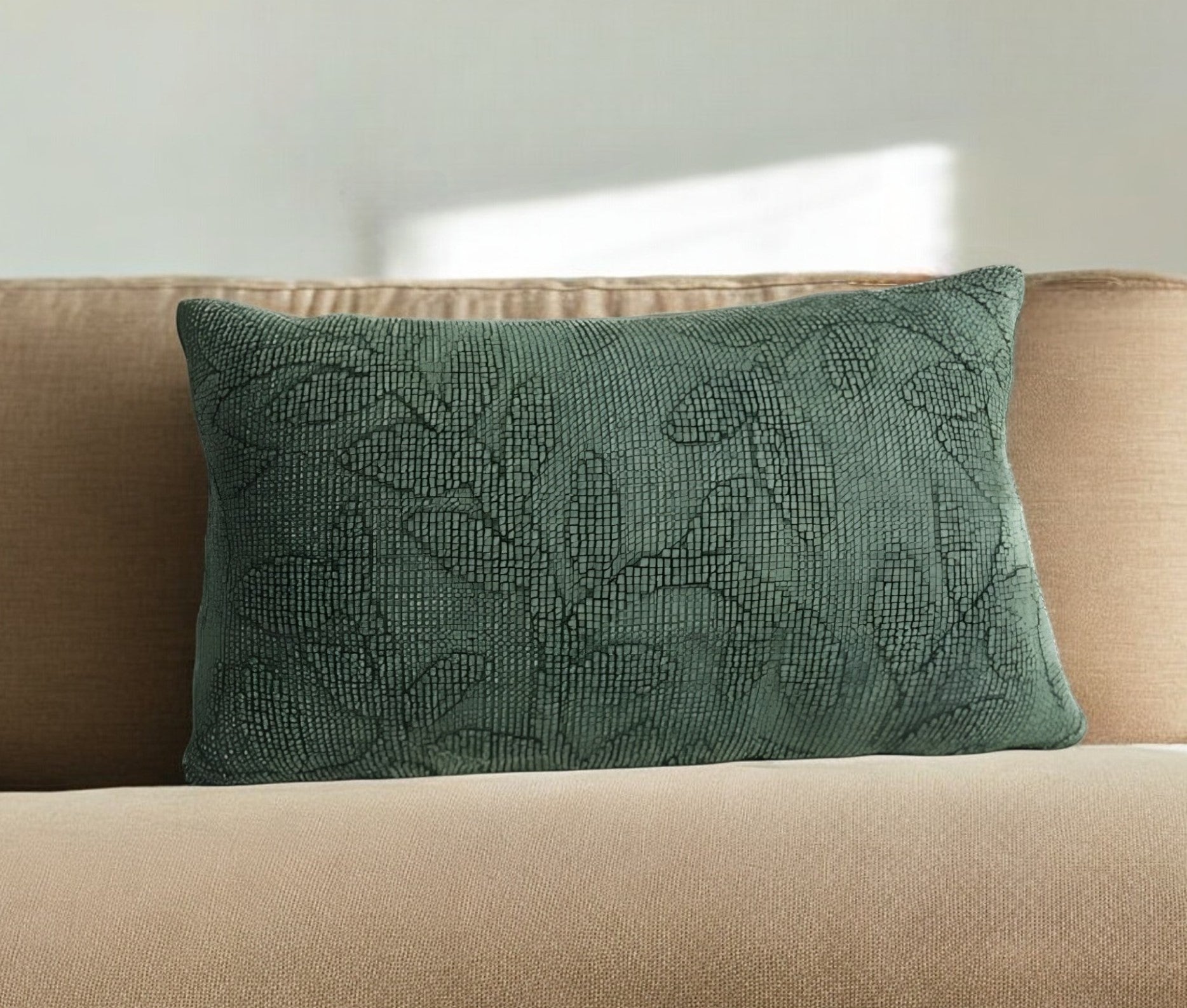 14" X 26" Green Cotton Lumbar Throw Pillow With Texture