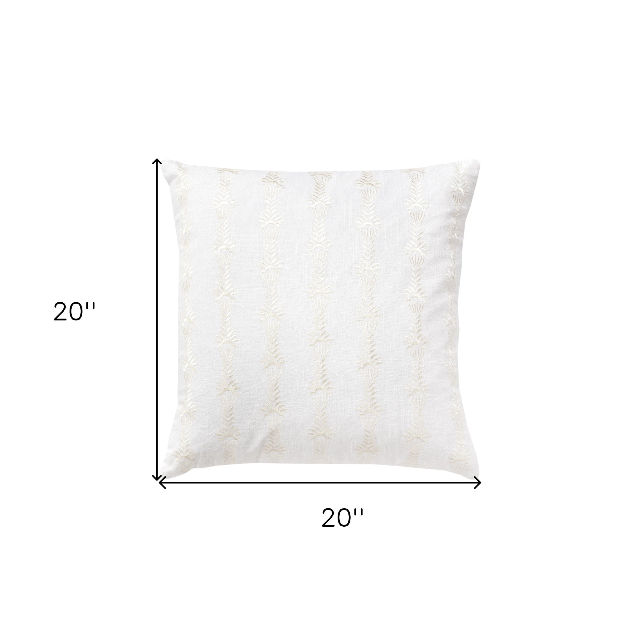 20" White Botanical Stripe Cotton Throw Pillow With Embroidery