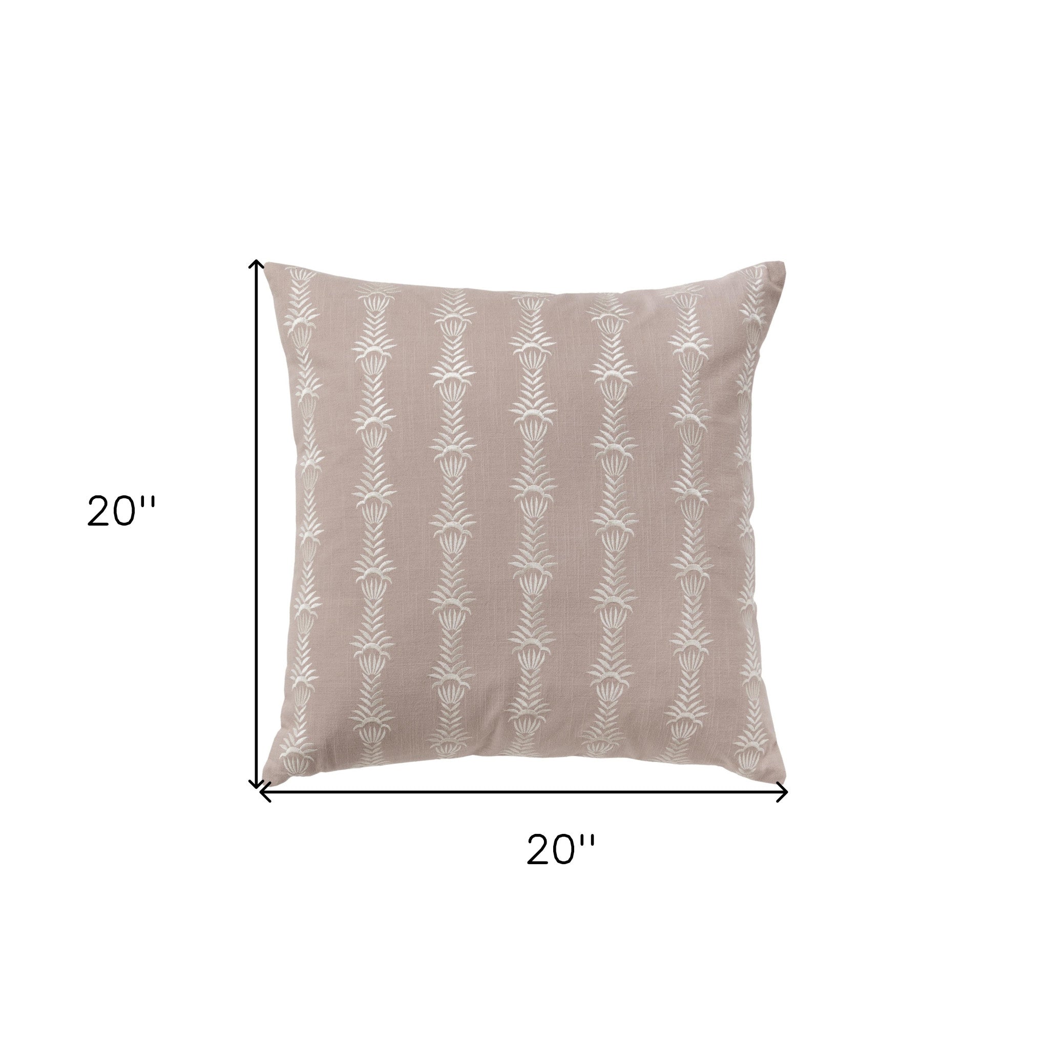 20" Pink and White Botanical Stripe Cotton Throw Pillow With Embroidery