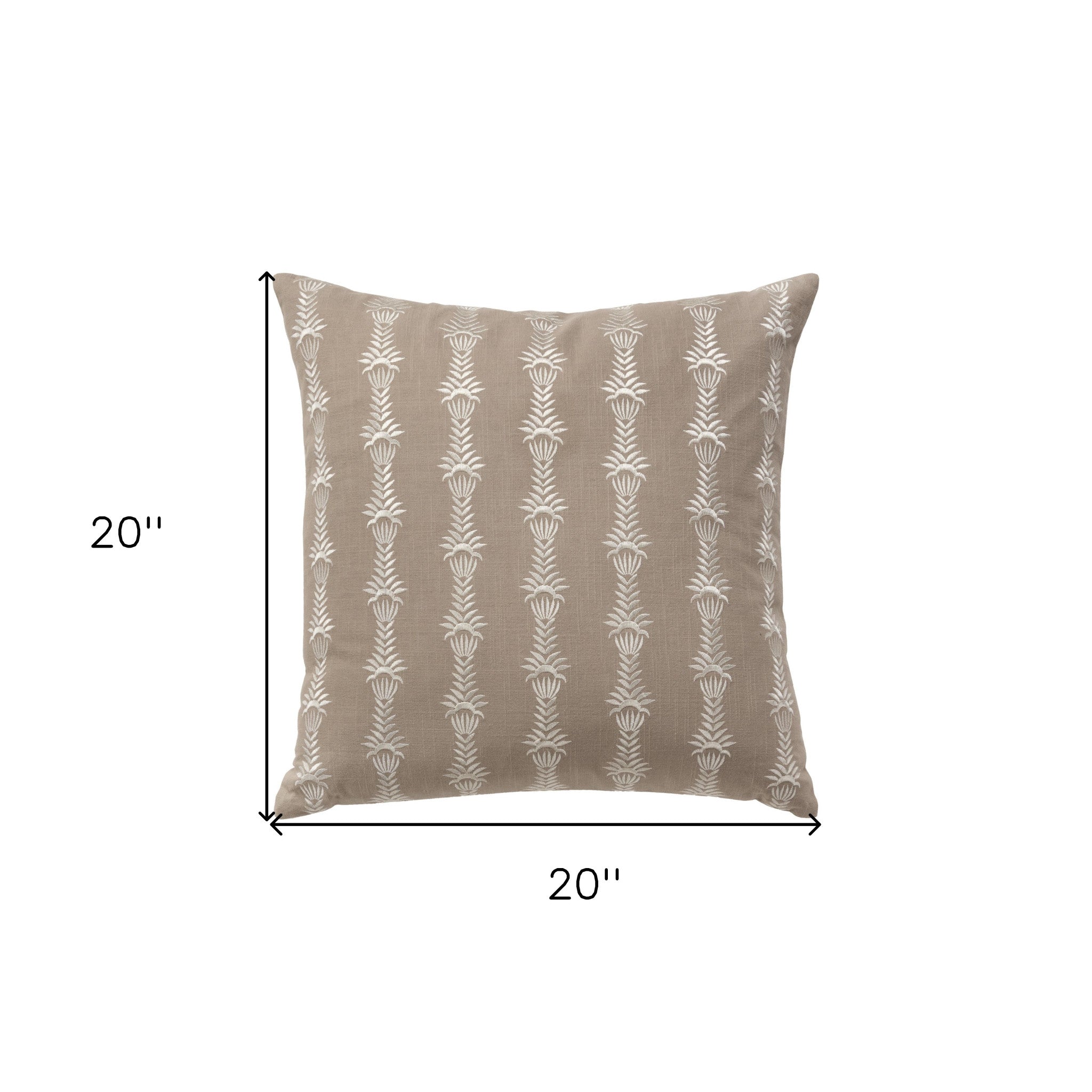 20" Taupe and White Botanical Stripe Cotton Throw Pillow With Embroidery