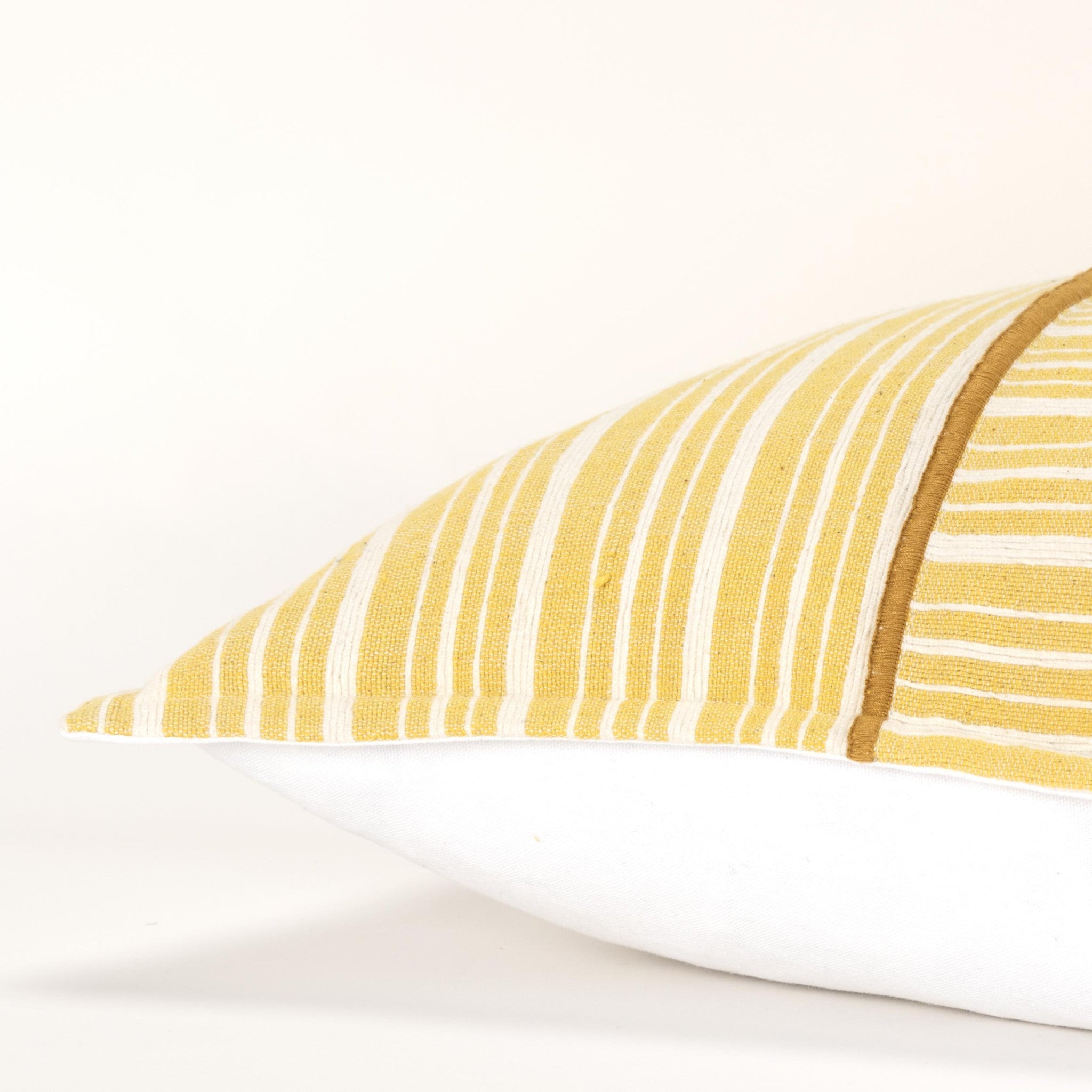 20" Yellow and White Cotton Pillow With Embroidery Edges