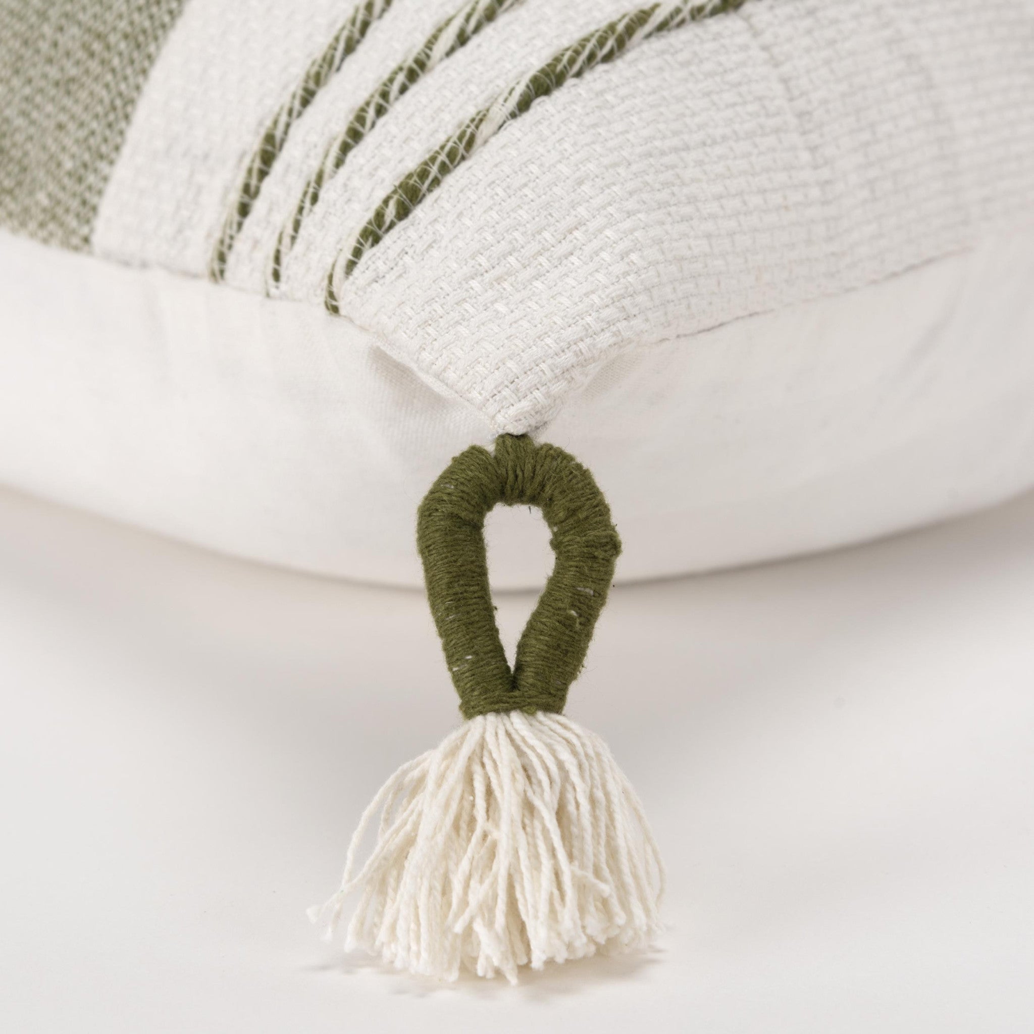 20" Green and White Color Block Cotton Throw Pillow With Tassels