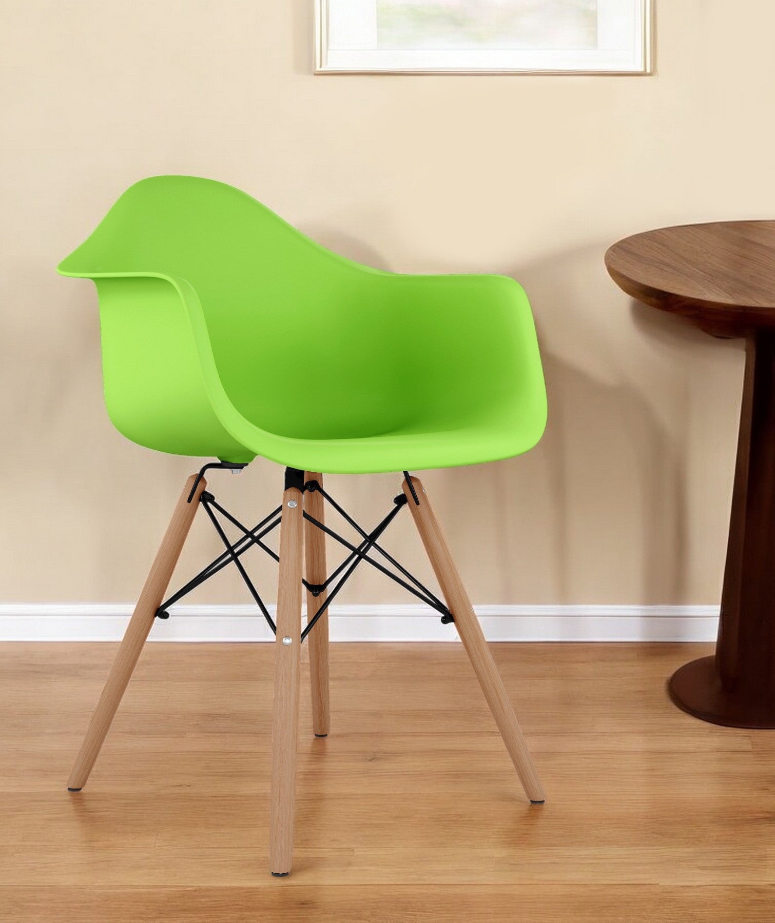 Green And Natural Heavy Duty Plastic And Solid Wood Dining Arm Chair