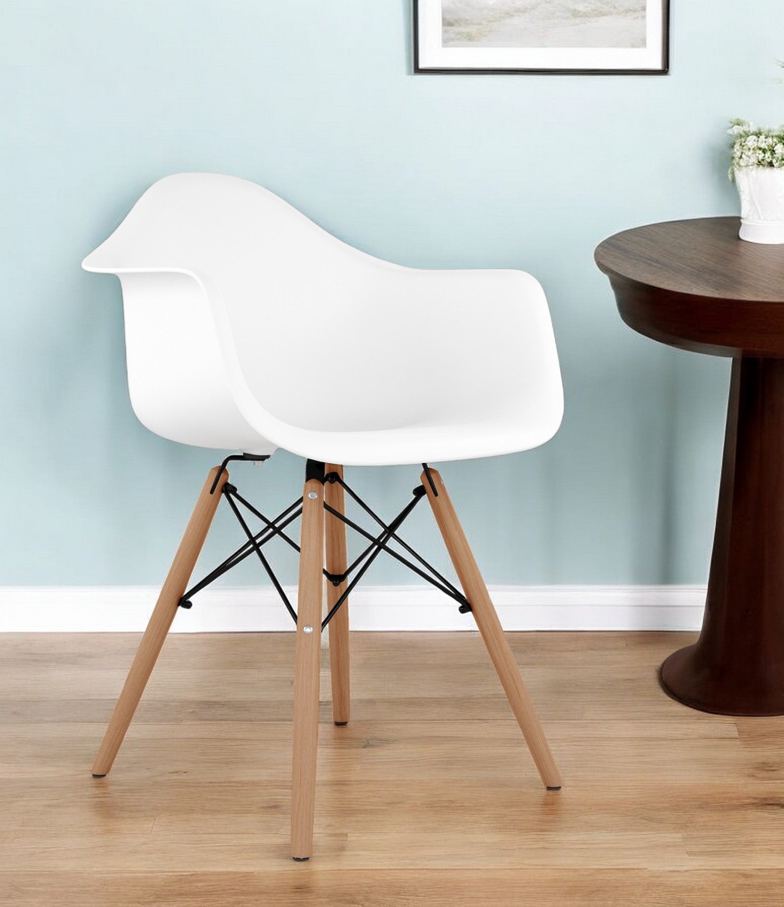 White And Natural Heavy Duty Plastic And Solid Wood Dining Arm Chair