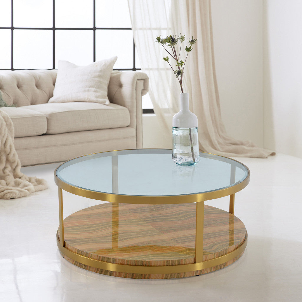 43" Clear Gold And Brown Glass Wood and Metal Round Coffee Table With Shelf