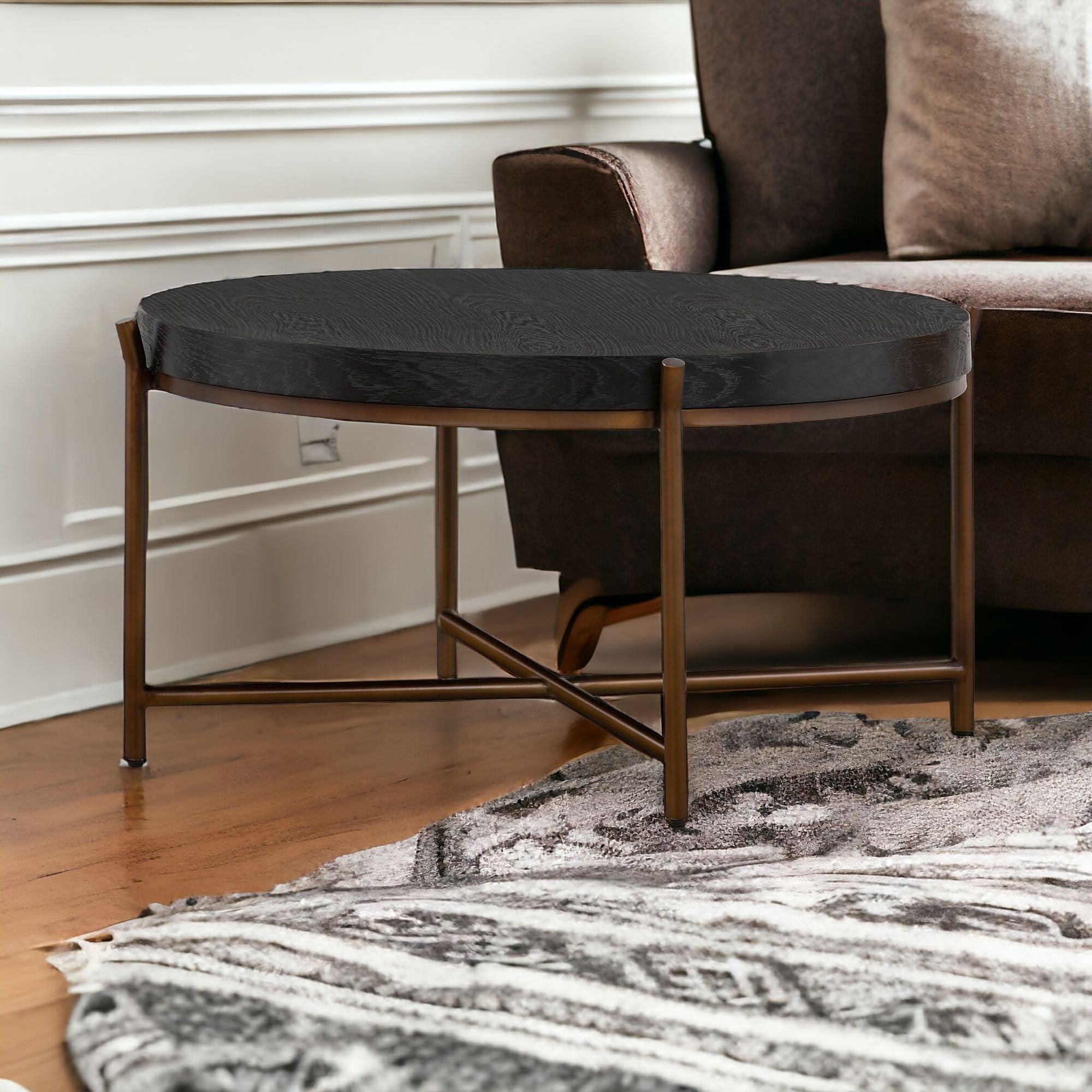 32" Black And Brown Solid Wood And Metal Round Coffee Table