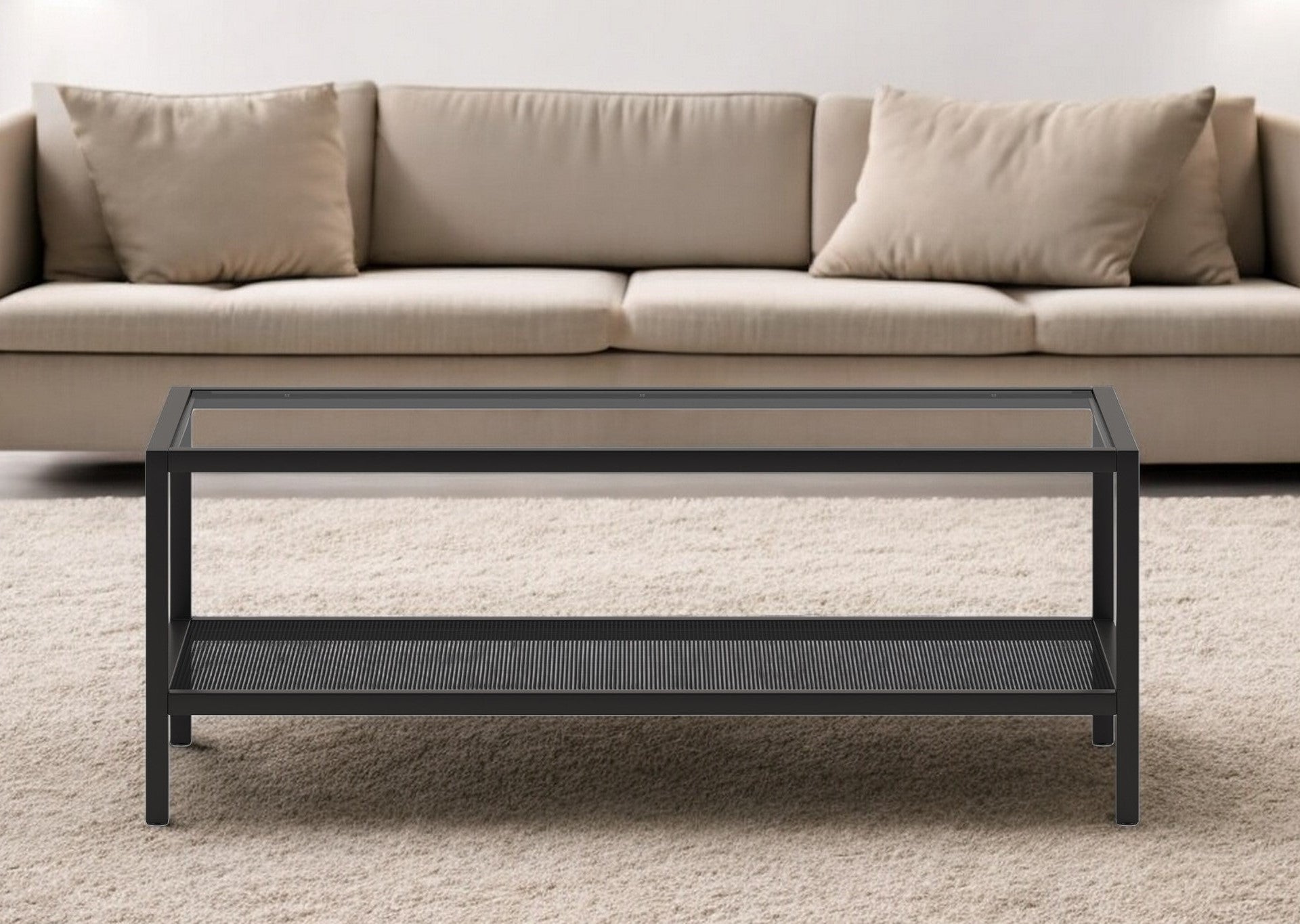 45" Black Glass And Steel Coffee Table With Shelf