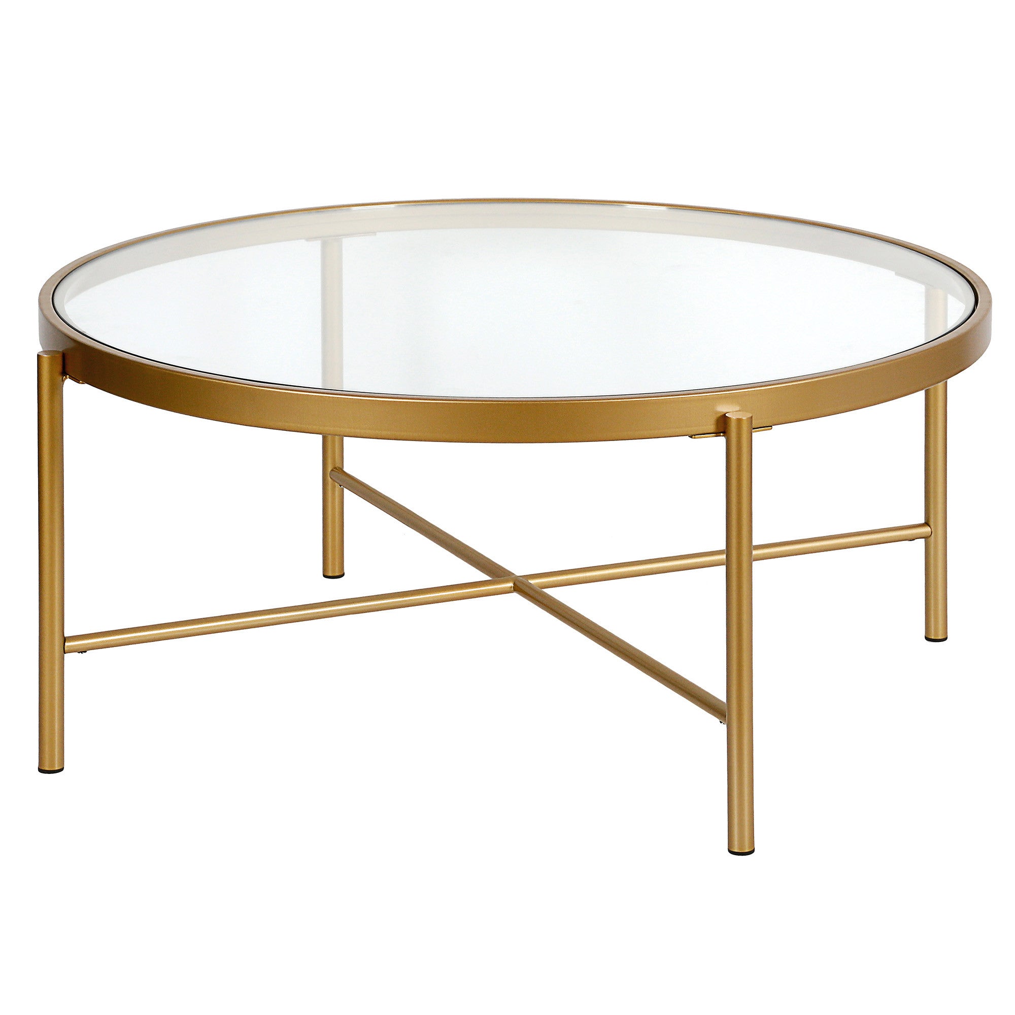 36" Gold Glass And Steel Round Coffee Table