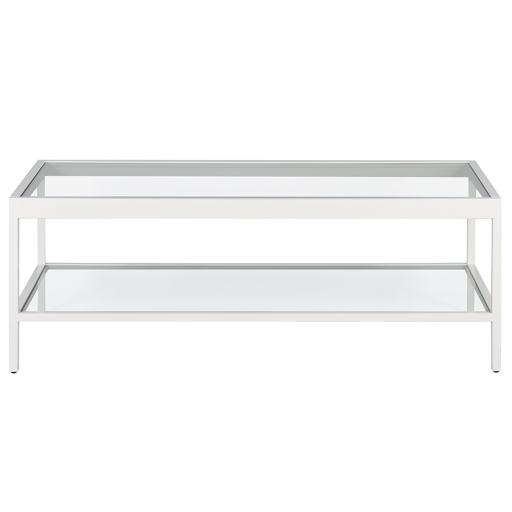 45" Clear Glass And White Steel Coffee Table With Shelf