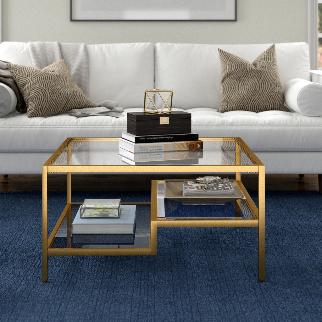 32" Gold Glass And Steel Square Coffee Table With Two Shelves