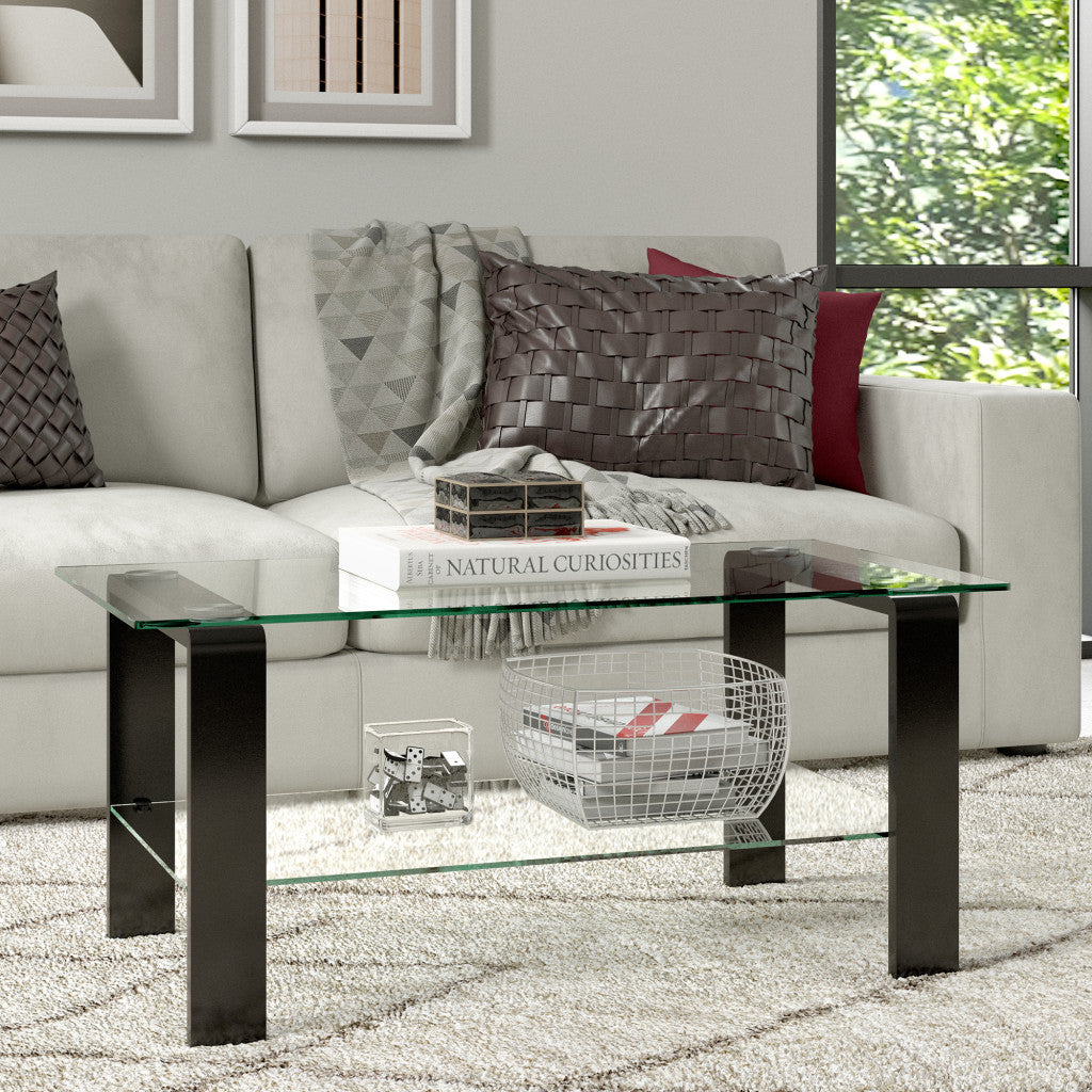 40" Black Glass And Steel Coffee Table With Shelf