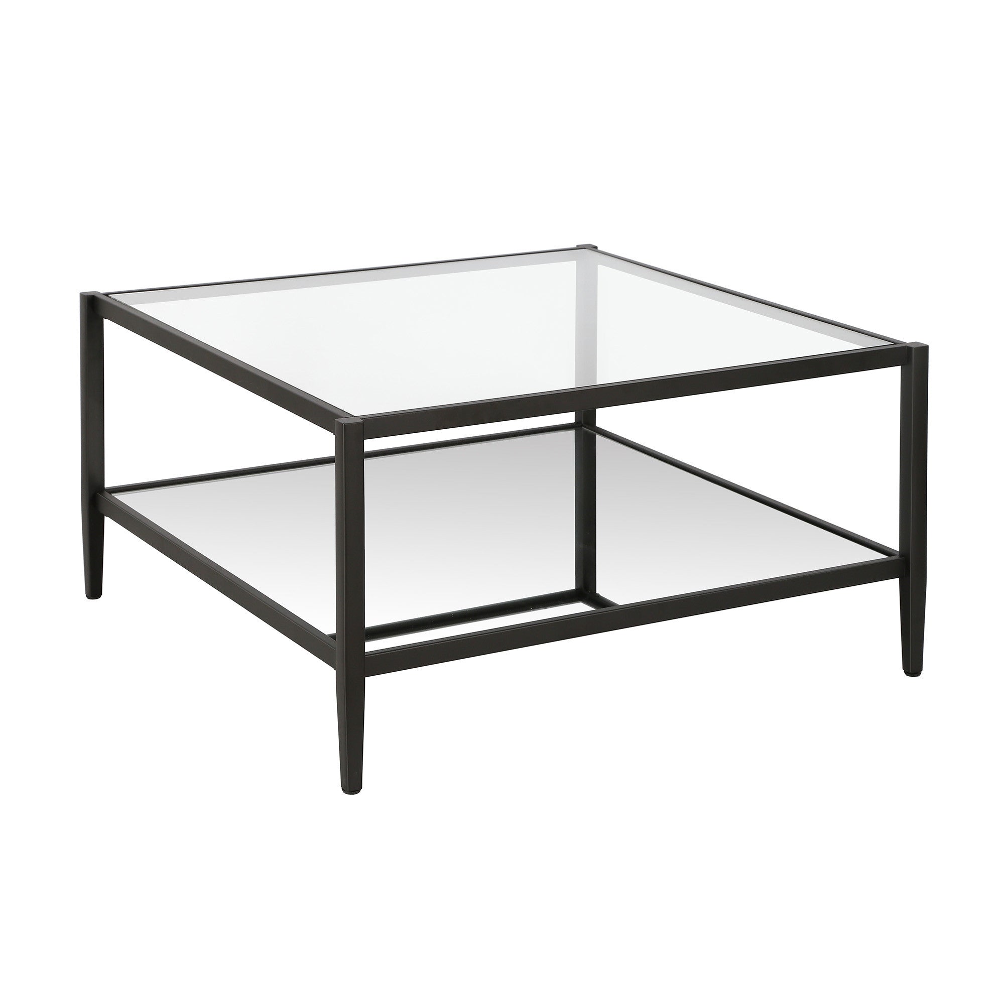 32" Clear And Black Glass And Steel Square Coffee Table With Shelf