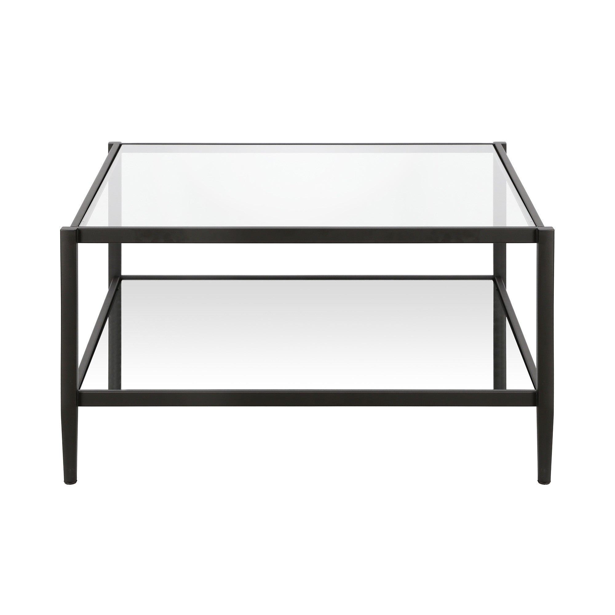 32" Clear And Black Glass And Steel Square Coffee Table With Shelf