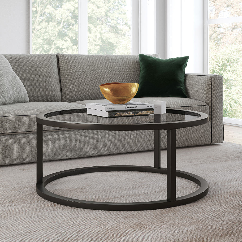 35" Black Glass And Steel Round Coffee Table